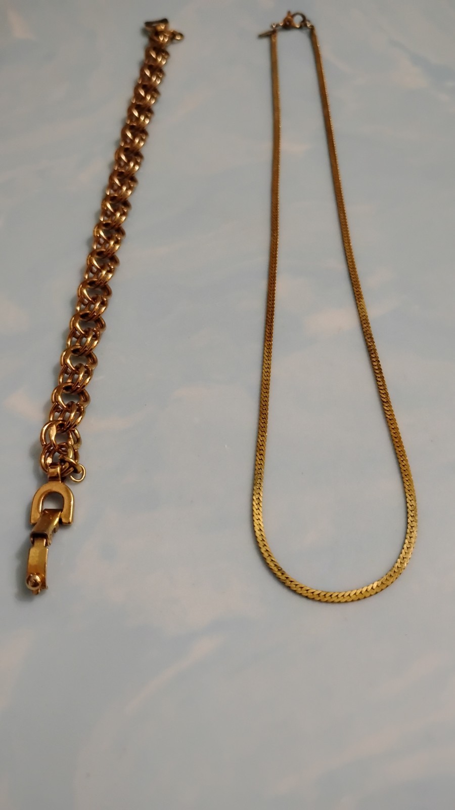 Vtg Signed Monet Chain Necklace & Double Link Bracelet Set Gold Tone
