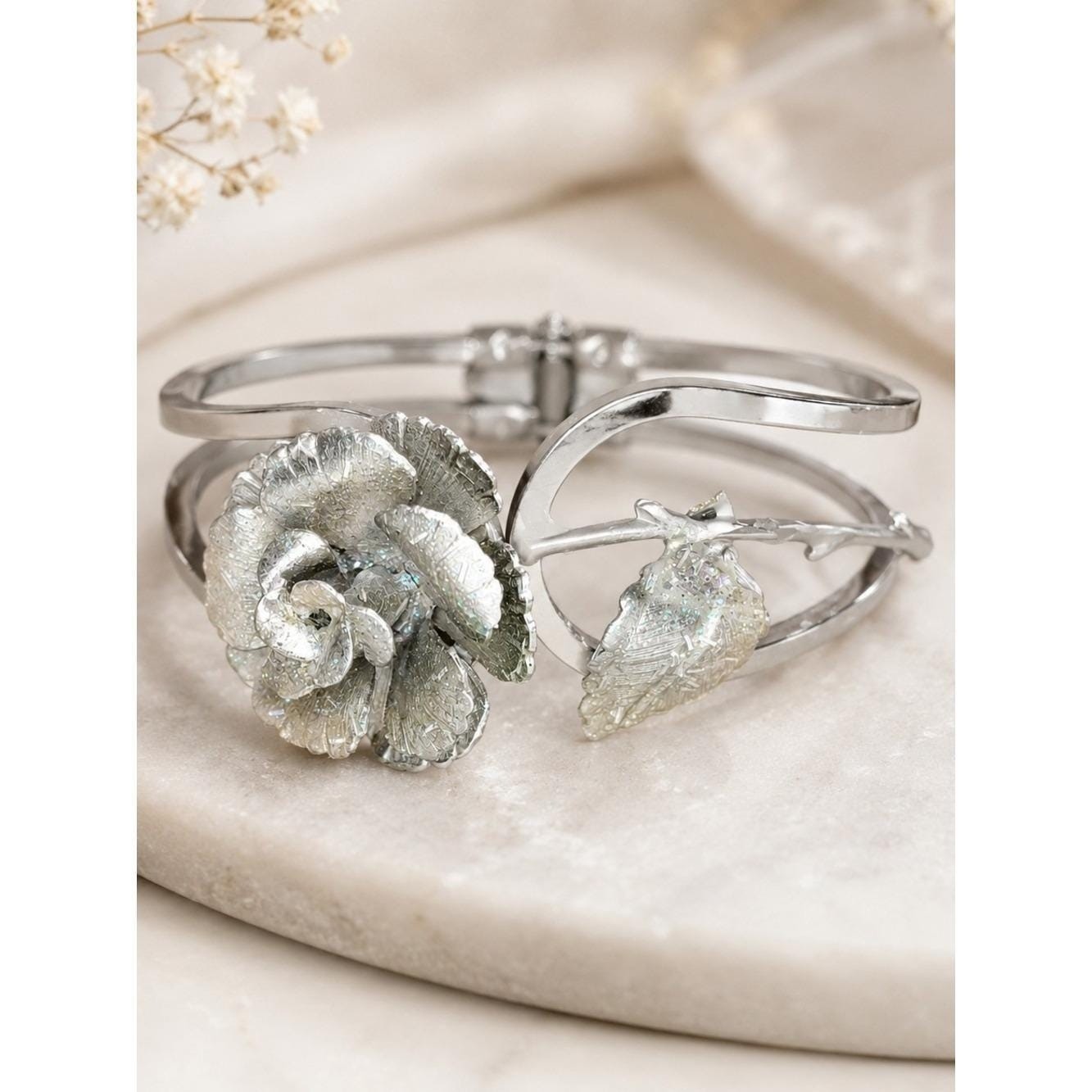 Vintage Silver Tone Rose Clamper Bracelet Hinged Flower Bangle Floral Statement