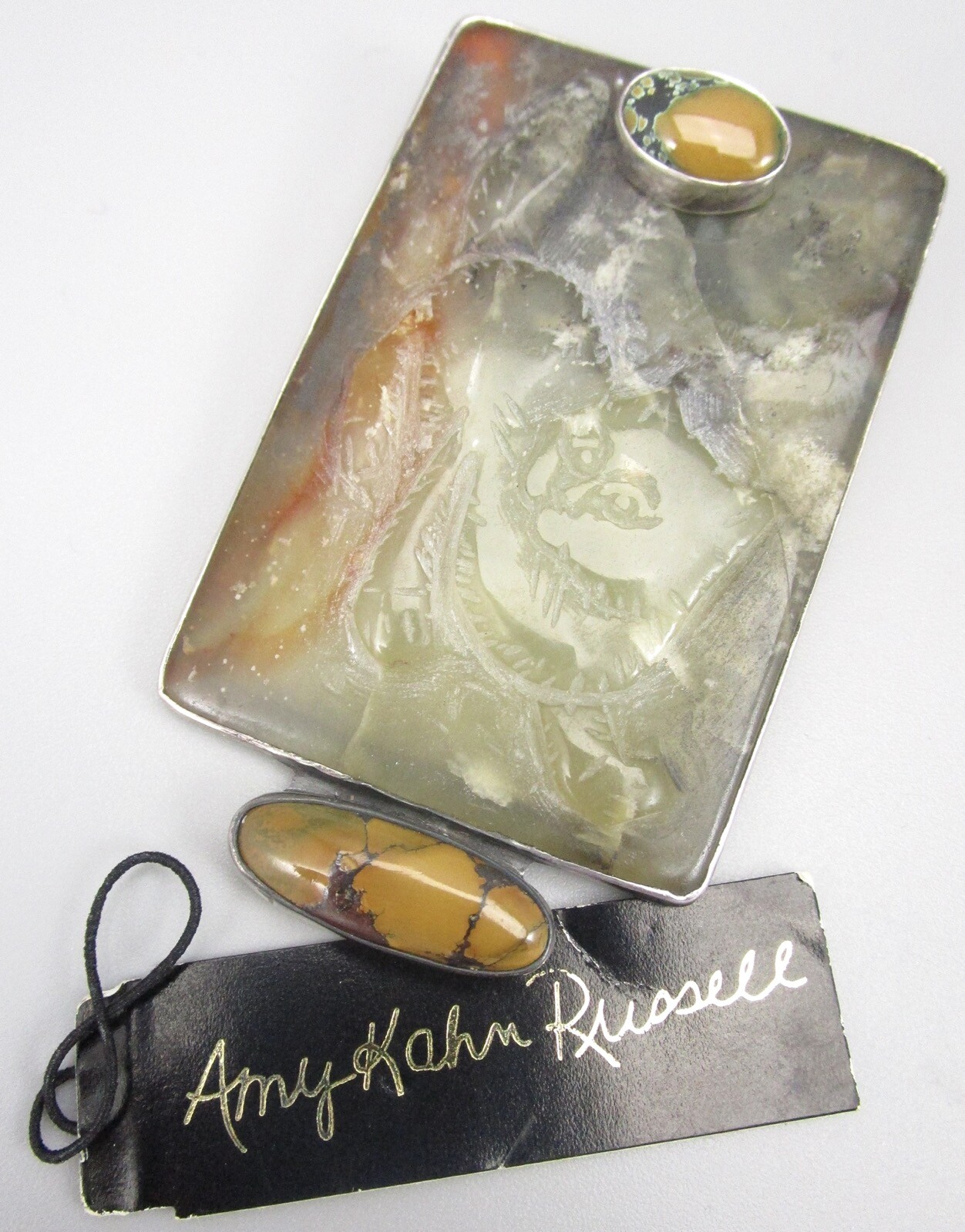 UNIQUE AMY KAHN RUSSELL STERLING CARVED JADE KITTEN CAT TURQUOISE BROOCH PENDANT