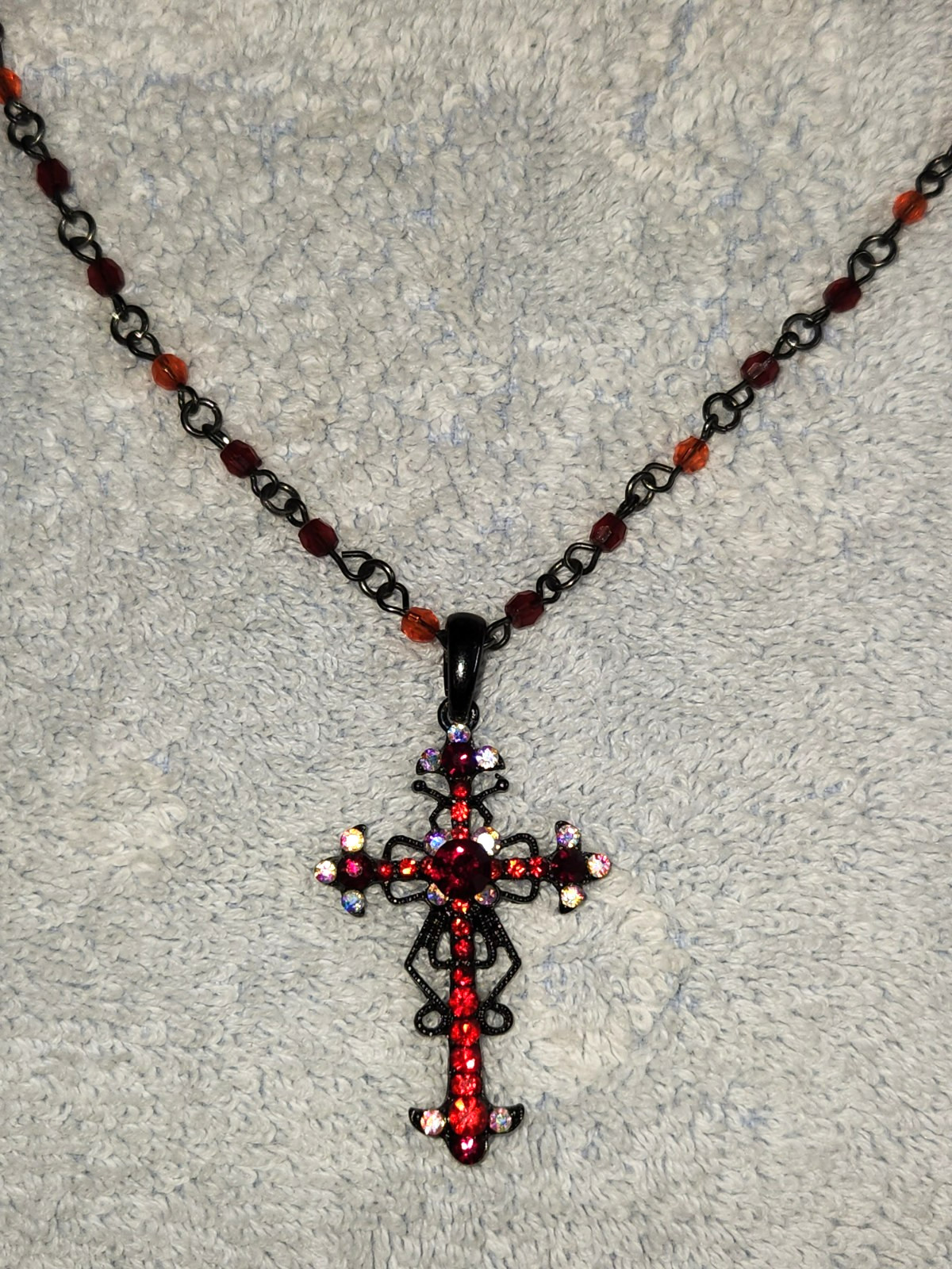 Vintage Ruby Red Crystal 1.5″ Cross Beaded 16″ + 2″ Necklace