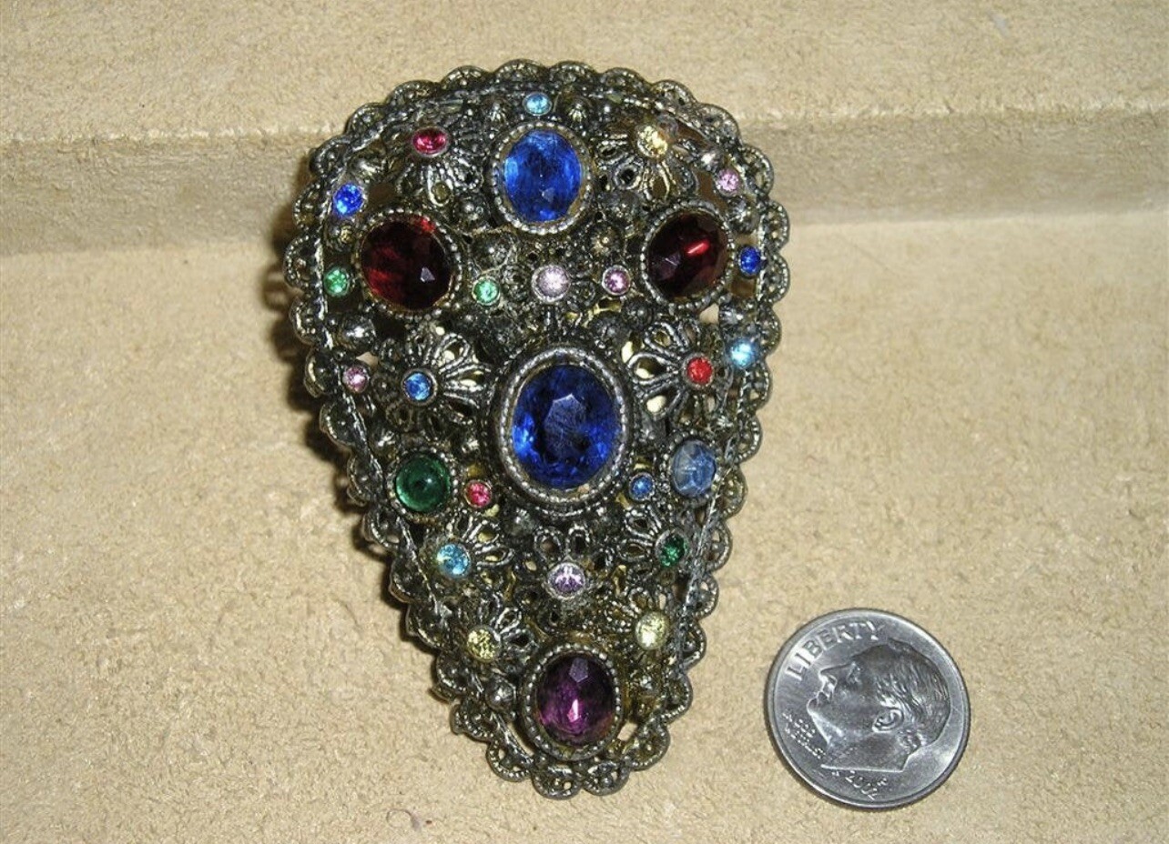 Antique Vintage New England ￼Glass Works Multicolor Bezel Stones Fur Dress Clip