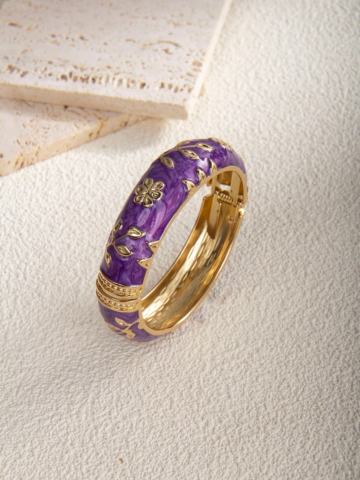 Dark Purple Vintage Floral Enamel Bangle With Gold Detailing For Daily Party