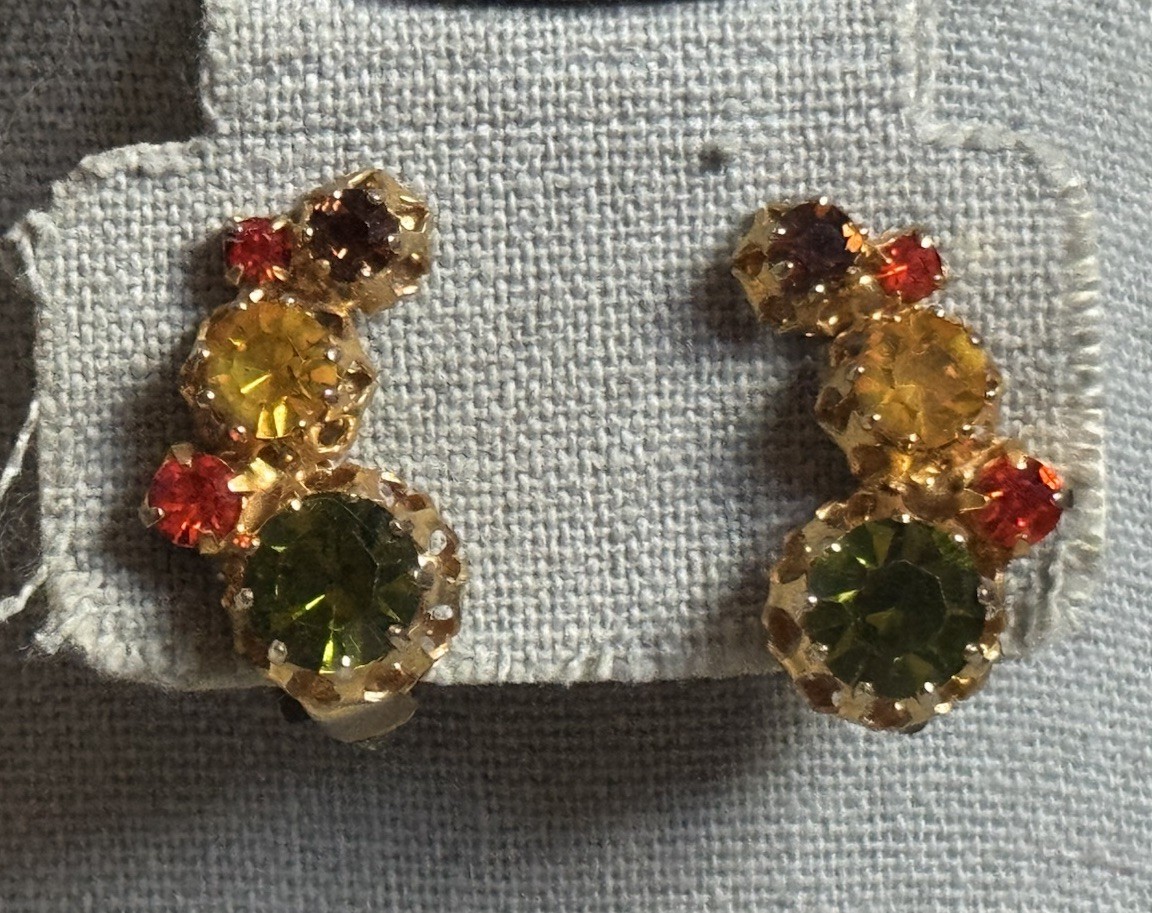 Vtg Signed Austria Crystal Climber Earrings Orange Green Yellow – Fall Colors