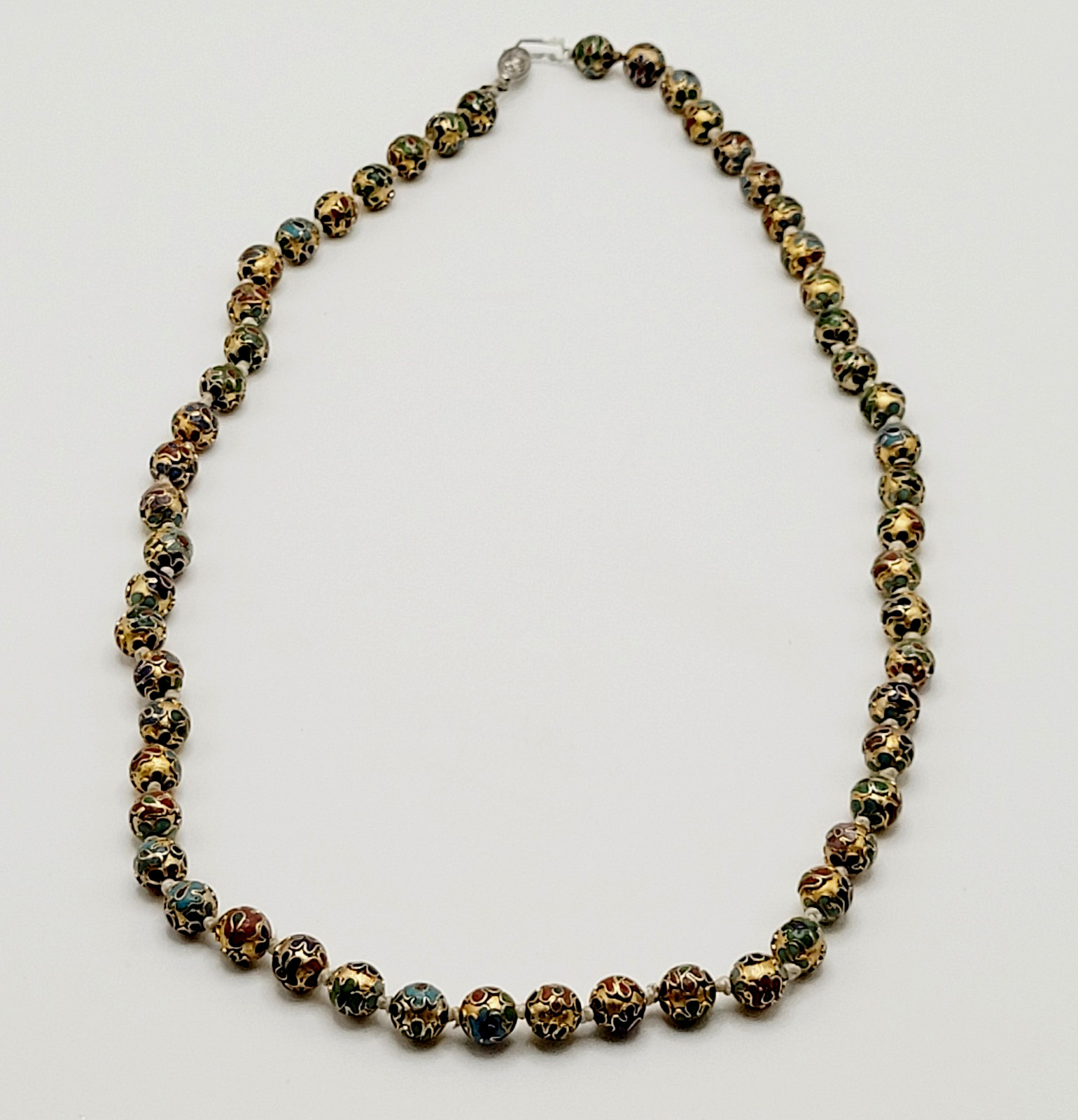 Chinese Cloisonné Floral Bead Hand Knot Circa 1930s Beaded Necklace 23 Inch