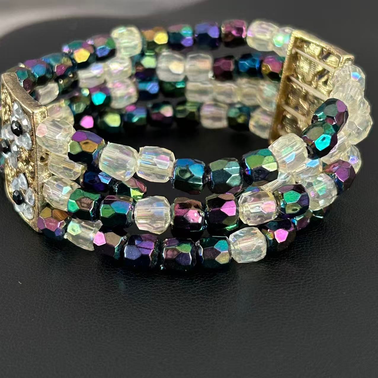 Vintage Peacock Beaded Stretch Bracelet Multi Strand Floral Cuff Iridescen