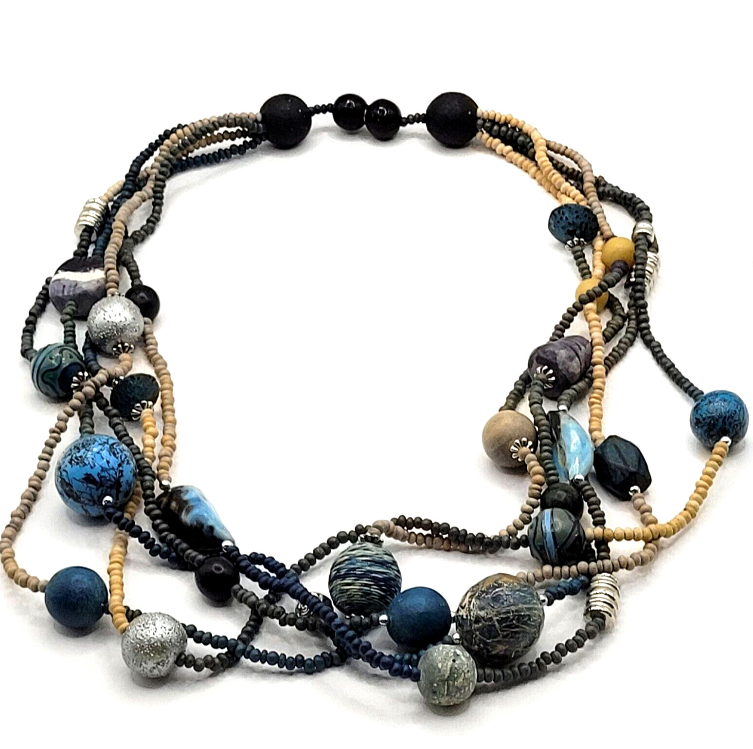 Peacock Blues Silver Tone Multi Strand Unique Bead Styles Vintage Necklace 24 In