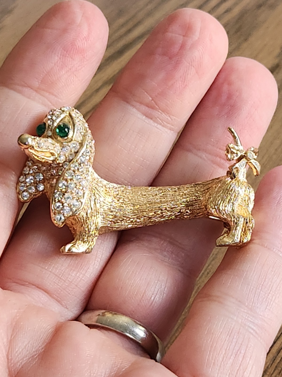 Vtg Rare CINER Dachshund Pin, Gold Plate (?See description below) W/ Rhinestones