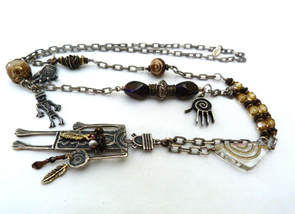 VINTAGE ROBERT SHIELDS USA STERLING SILVER SOUTHWESTERN LARGE CHARM NECKLACE 70G