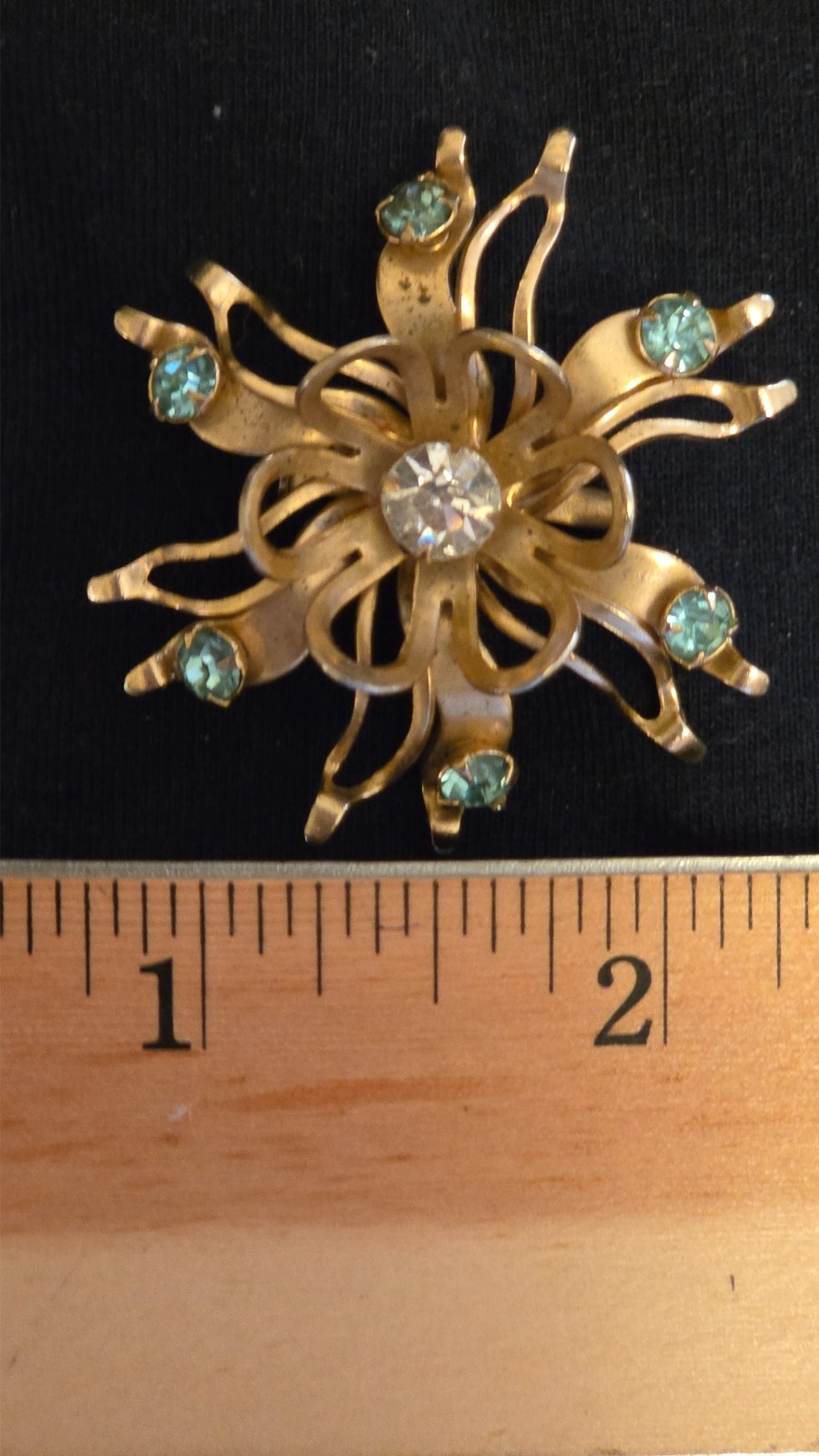 Mid‑Cent modern pin with floral design/ribbon petals /clear and aqua rhinestones