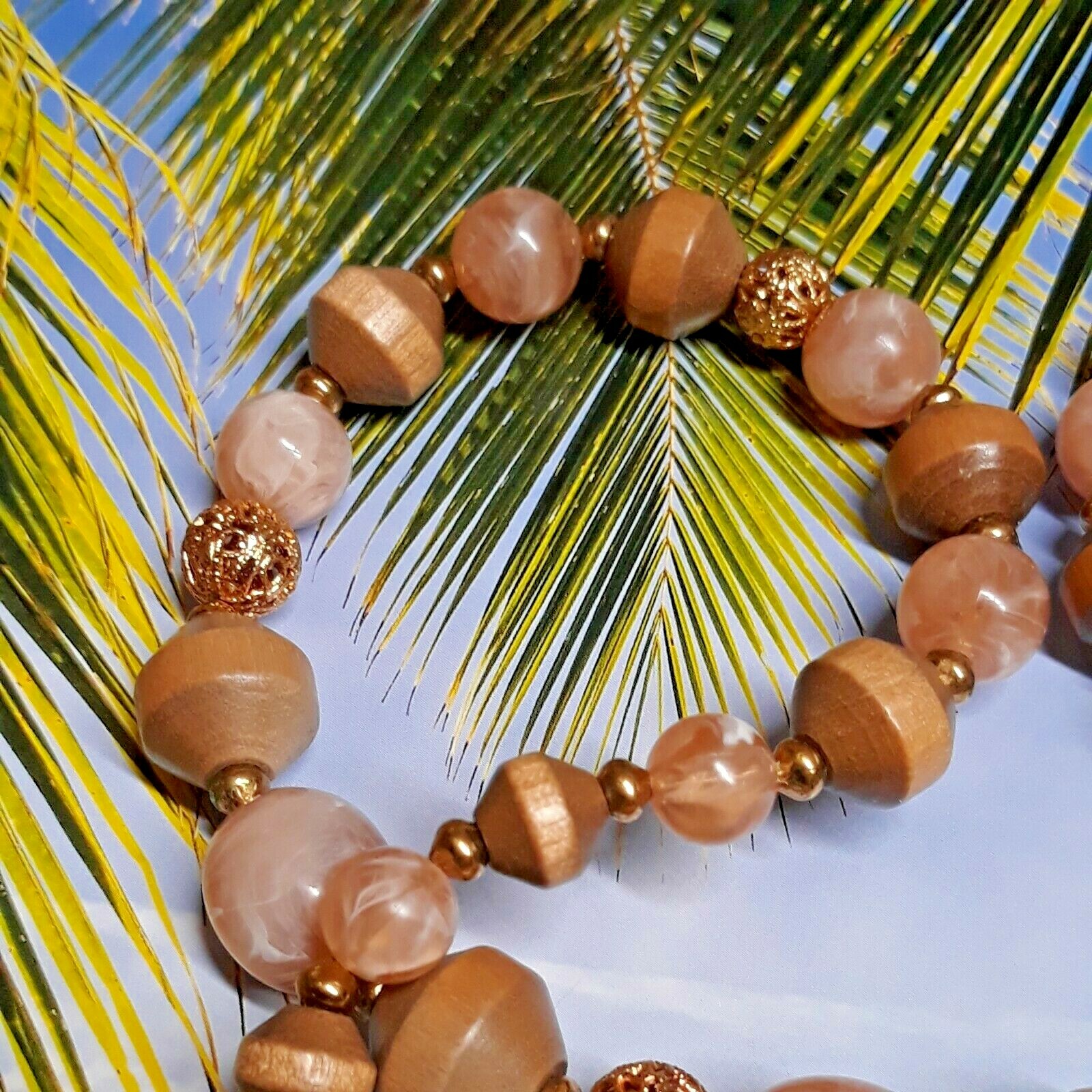 Peach and Tan Wood and Lucite Bead Necklace with Gold Tone Filigree Accent Beads