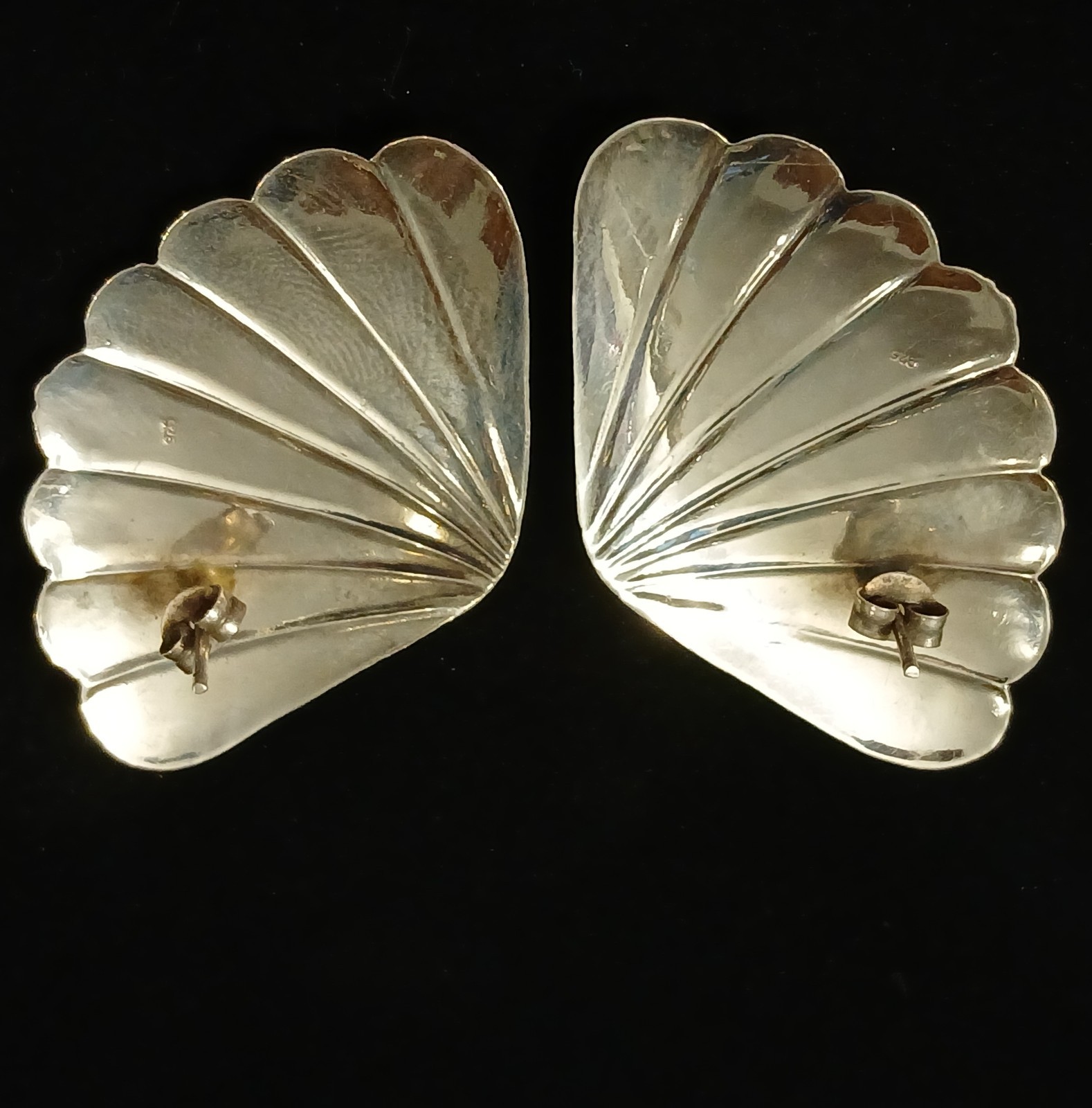 VTG Sterling Scalloped Earrings 925 Silver Fan Boho Nautical Statement 1 7/8″