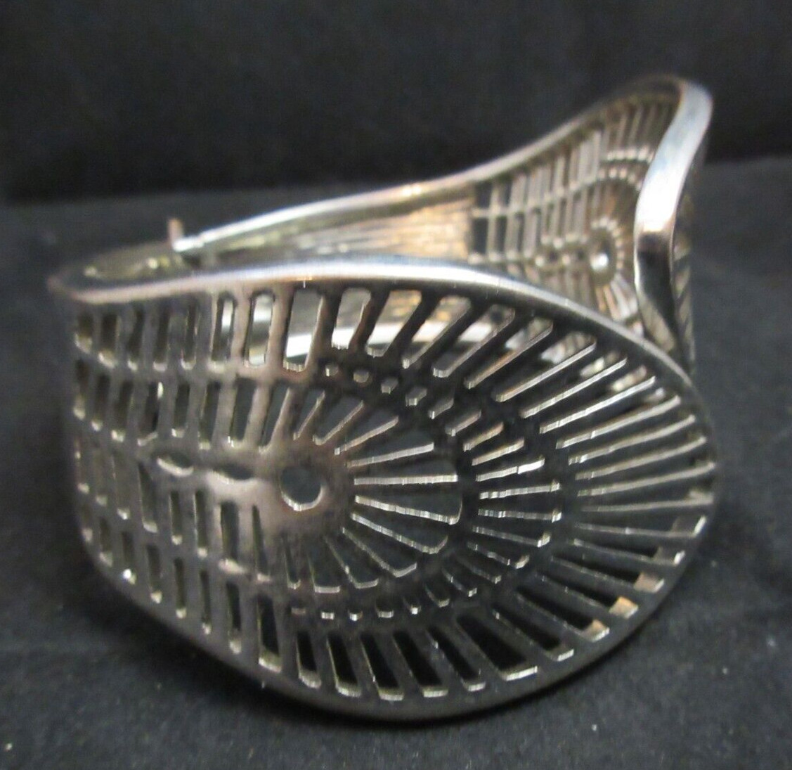 Wide Vintage Hinged Open Work Clamper Cuff Bracelet Silver Tone Wrap Around Look