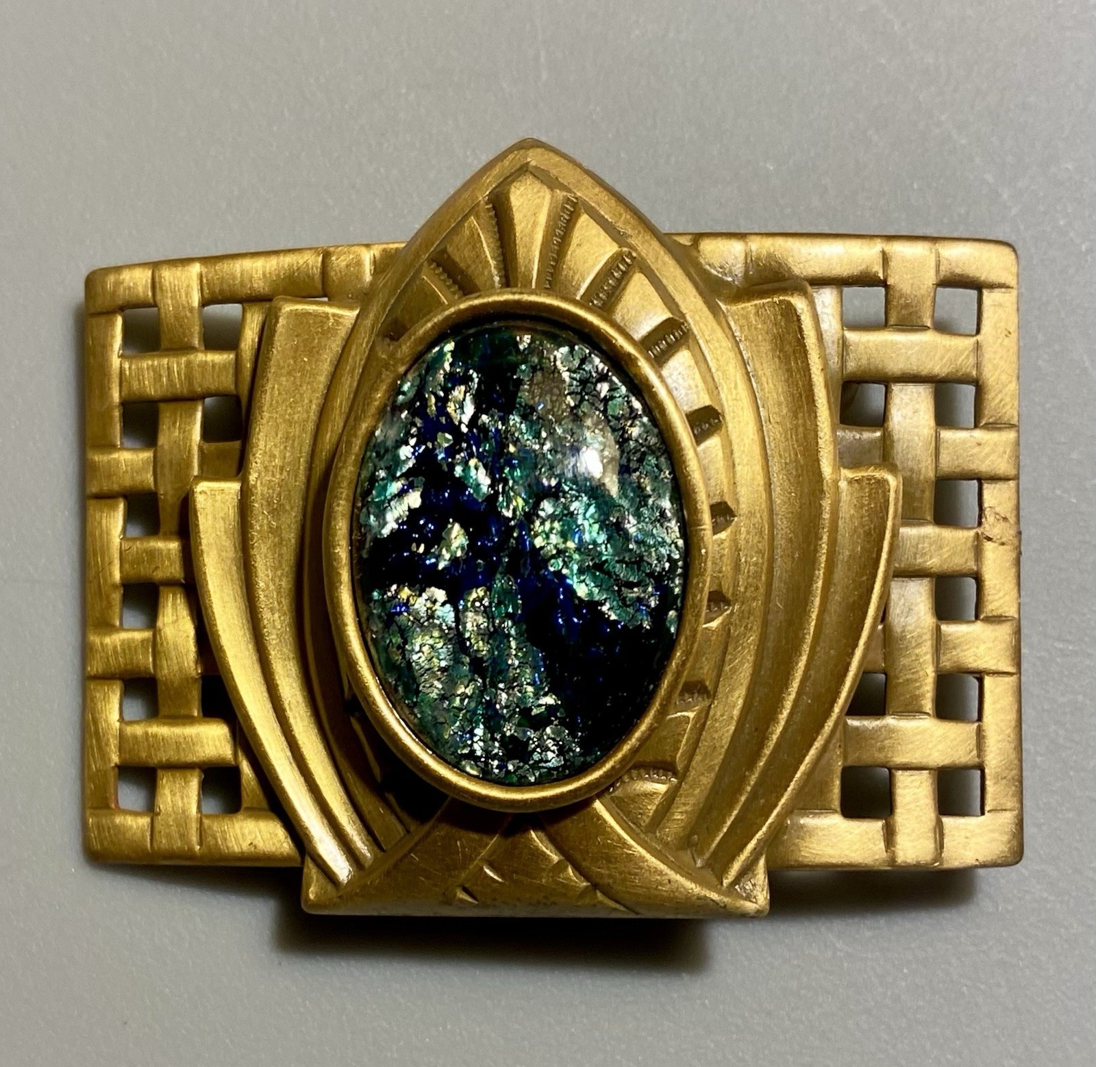 Vintage 80’s Art Deco Style Foil Cabochon Brass Tone Brooch Statement Piece