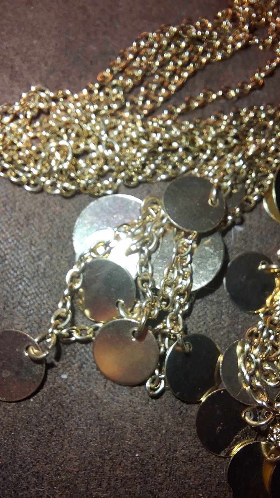 Goldtone multistrand necklace texture finish dangly coins