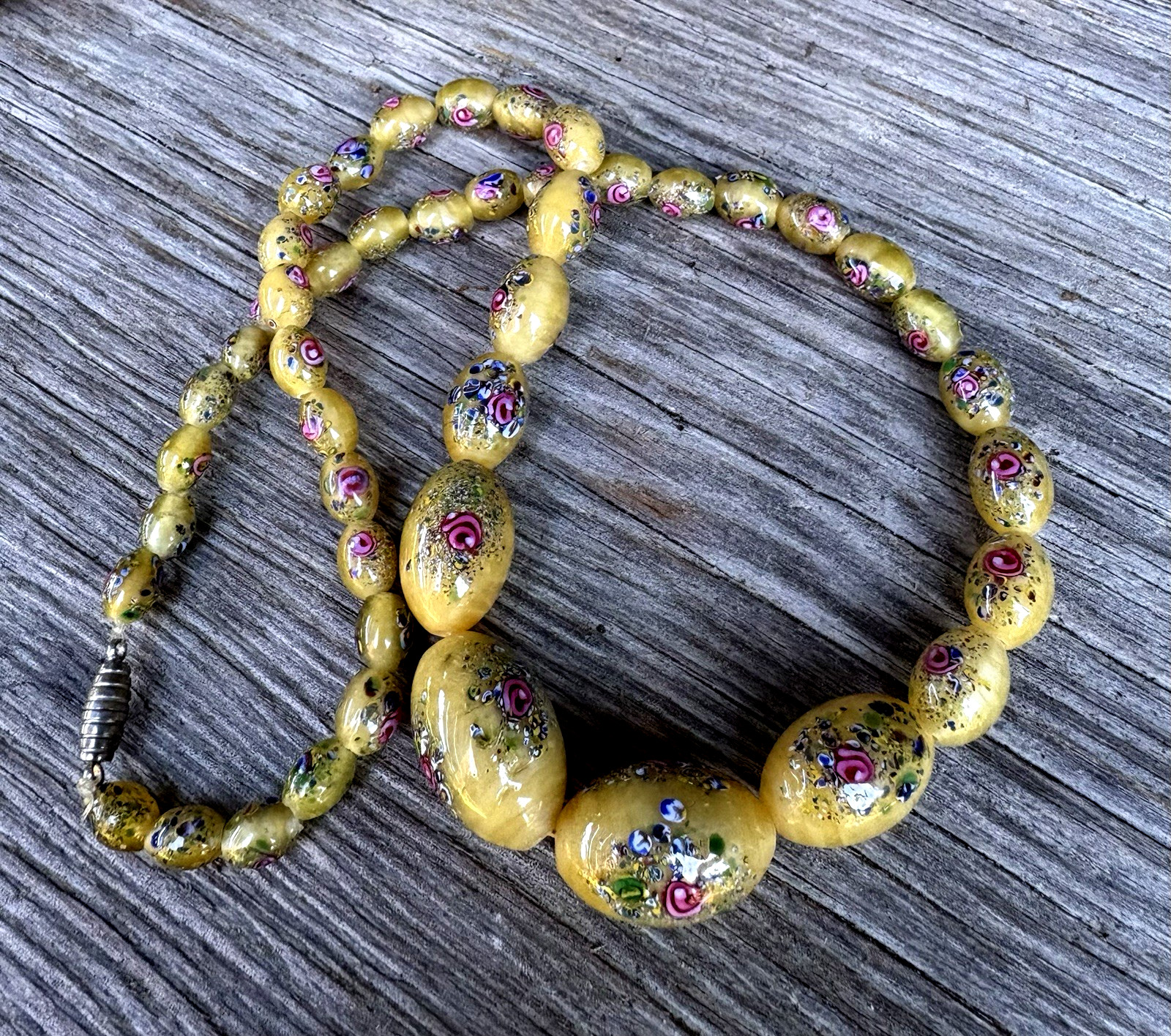 CZECH 1920’S NECKLACE YELLOW SATIN GLASS BEADS WITH FLOWERS 19.6″ Long