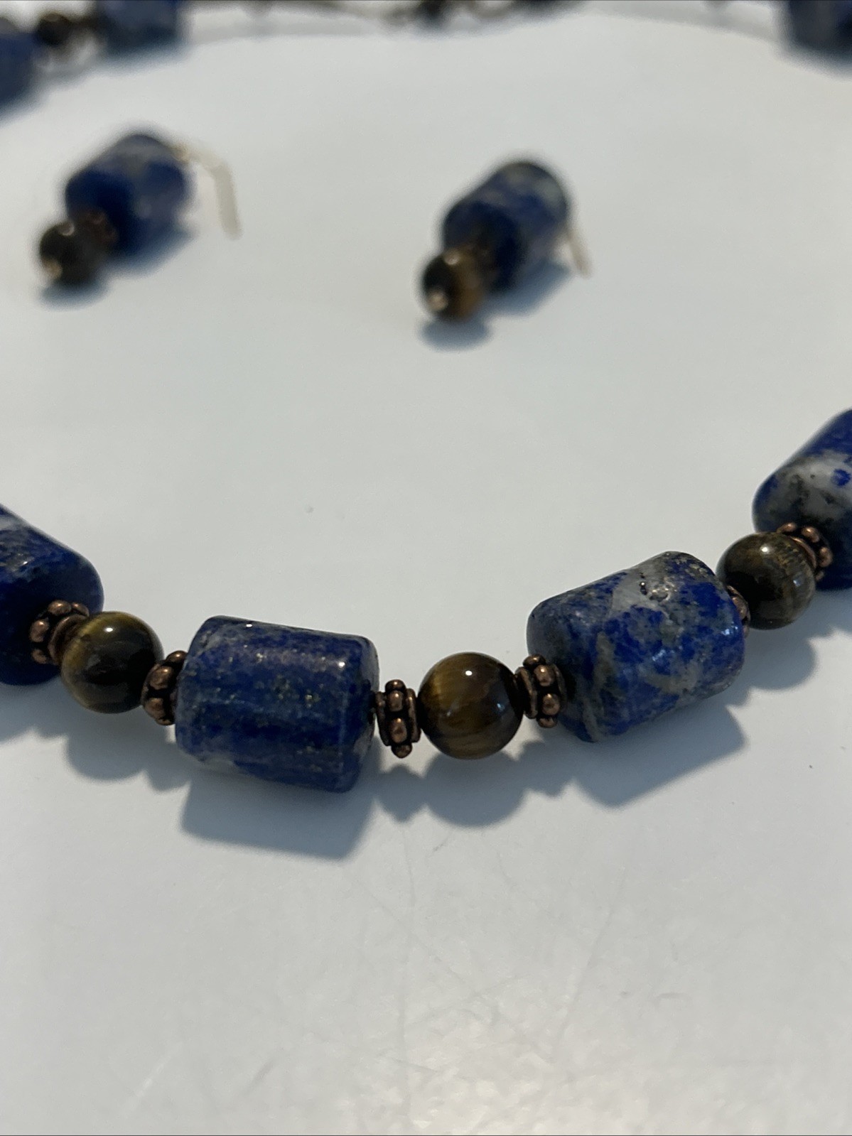 Lapis Lazuli & Tigers Eye Gems Necklace 20” Pierced Earrings 1 3/4” By 1/4”