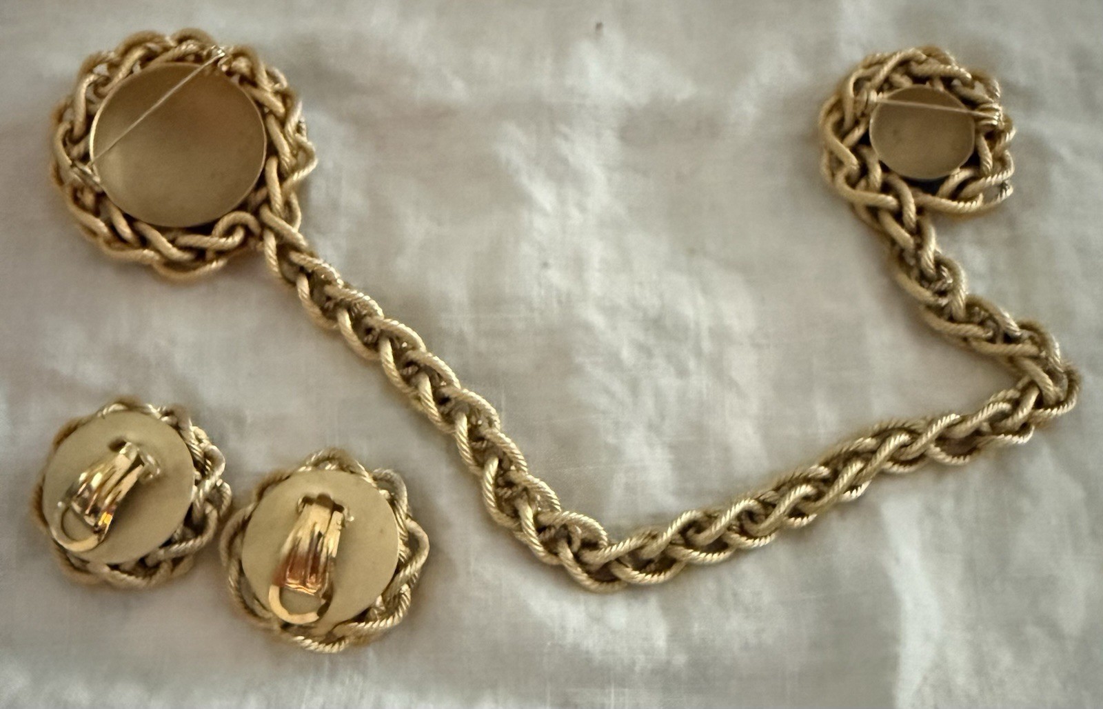 Vintage Chatelaine Brooch Lot Of Gold Tone Neckalce Earrings Twist Chain Domed