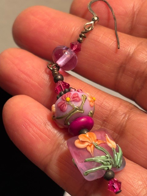 Vintage Artisan Boho Lampwork Glass Floral Dangle Pink And Green Earrings