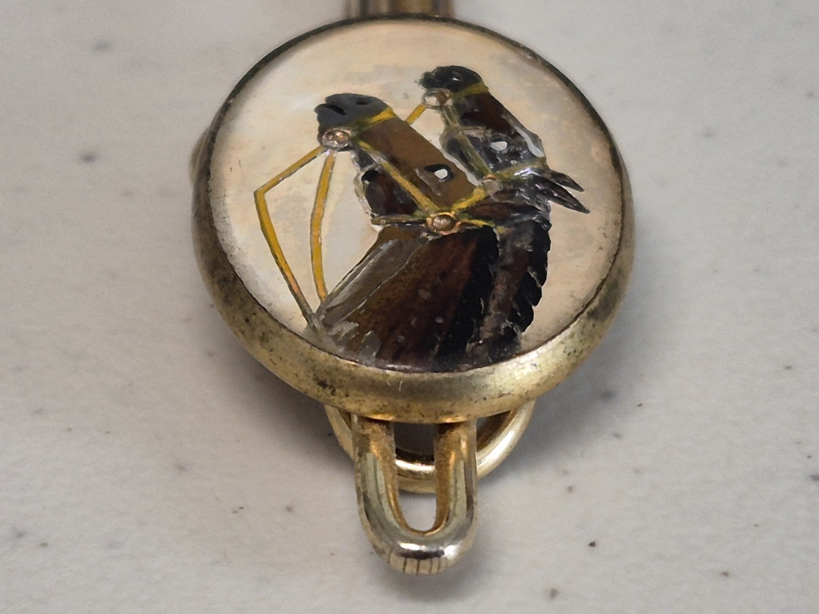 Vtg Equestrian Reverse Painted Portrait of Horses, Vintage Tie Clip, Circa 1930s