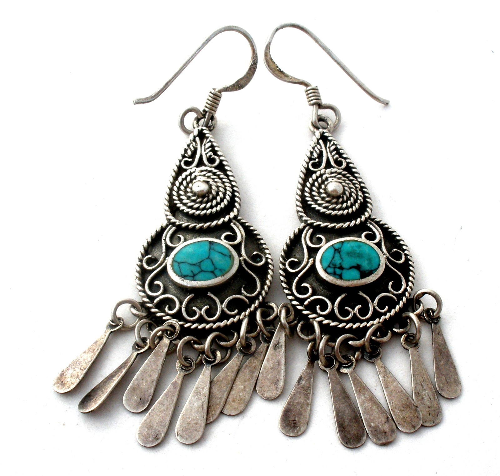 Turquoise Sterling Silver Earrings Pierced Dangle Vintage Southwestern Signed CW