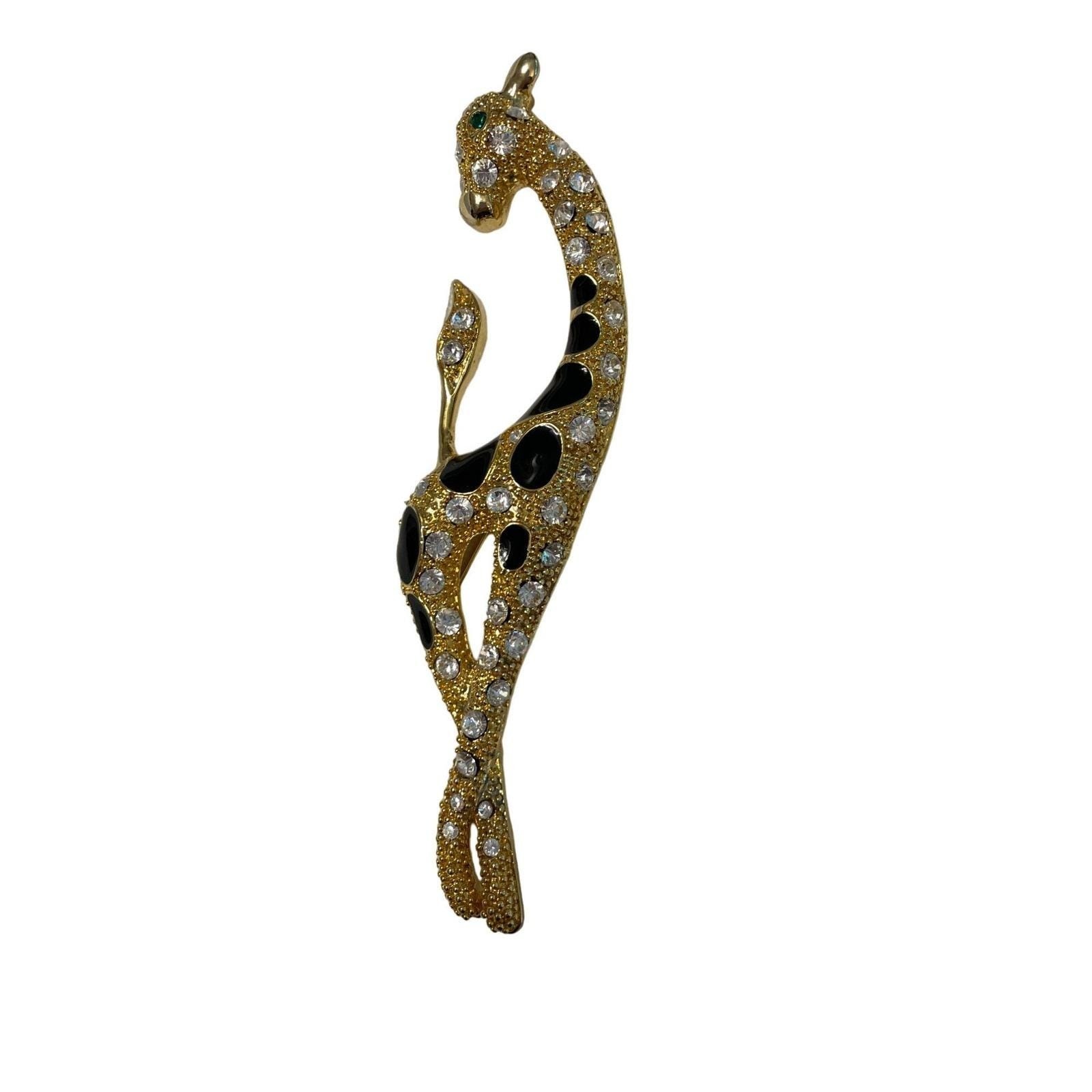 Vtg Giraffe Brooch 6″ Rhinestones Gold Tone Black Enamel Africa Figural Safari