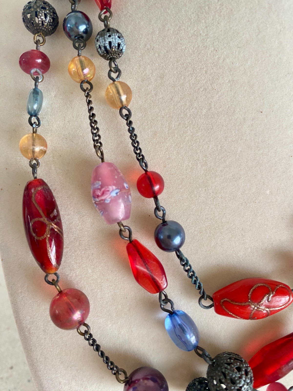 Avon Multicolor Glass Bead Necklace Triple Strand Copper Tone Adjustable 16″-19″