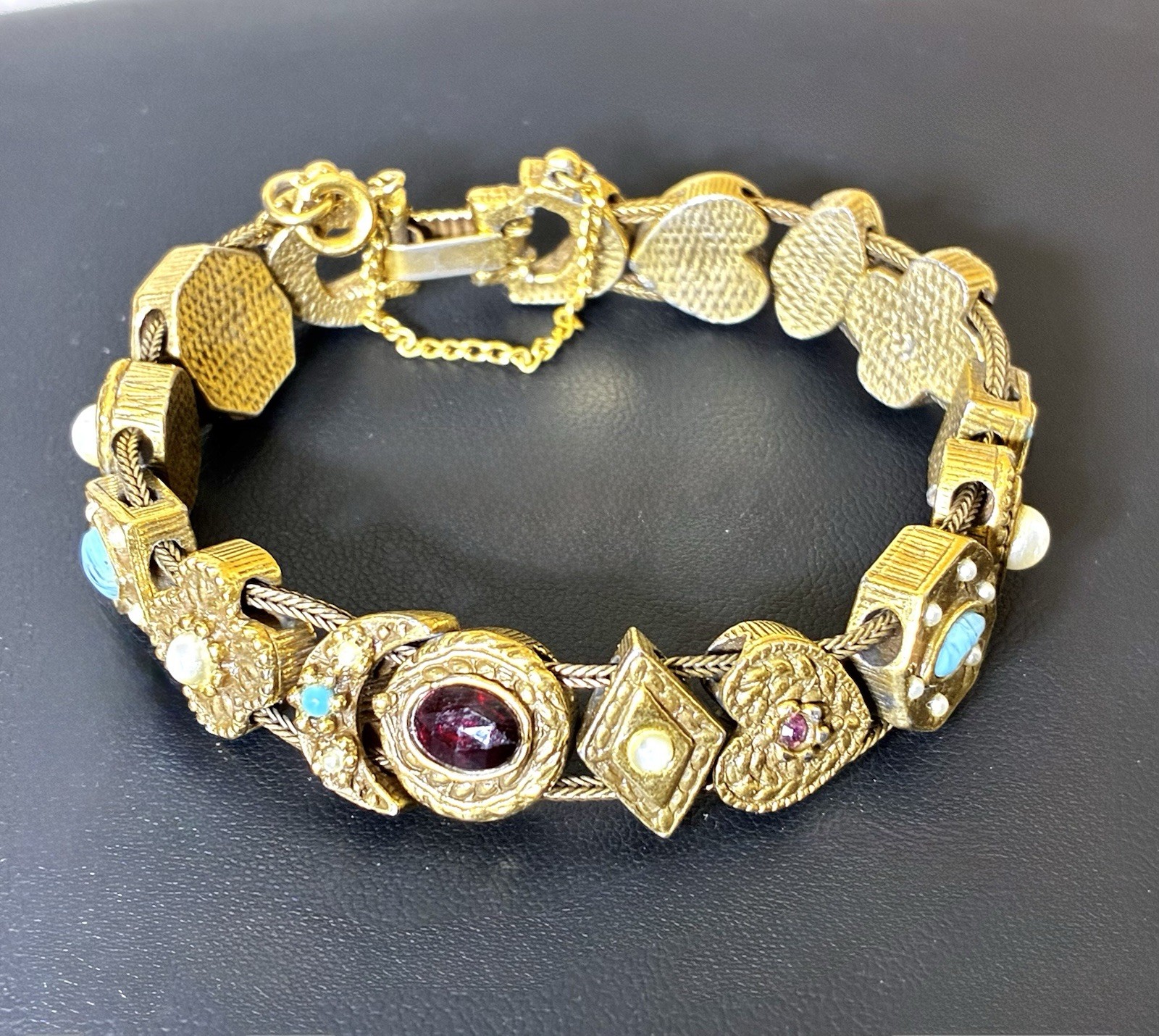 Vintage Victorian Revival Gold Tone Slide/Charm Bracelet, Attributed To Goldette