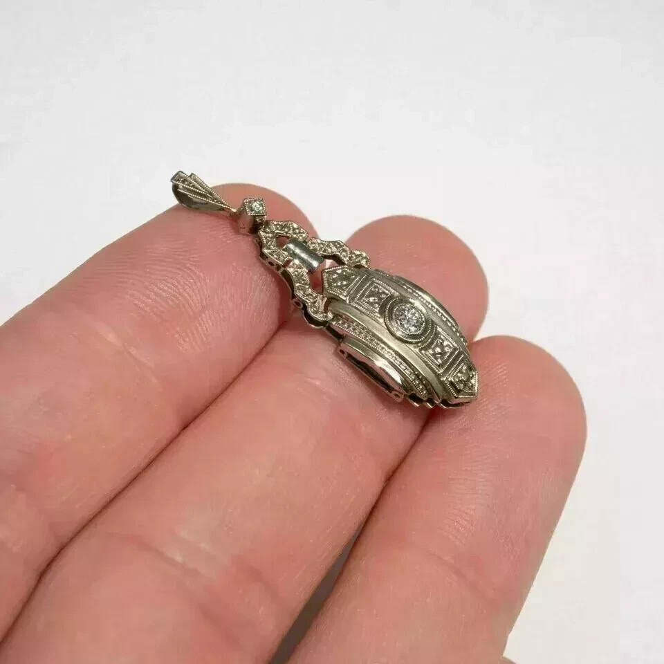 Art Deco Vintage Style Lab Created Diamond 14K White Gold FN Engagement Pendant