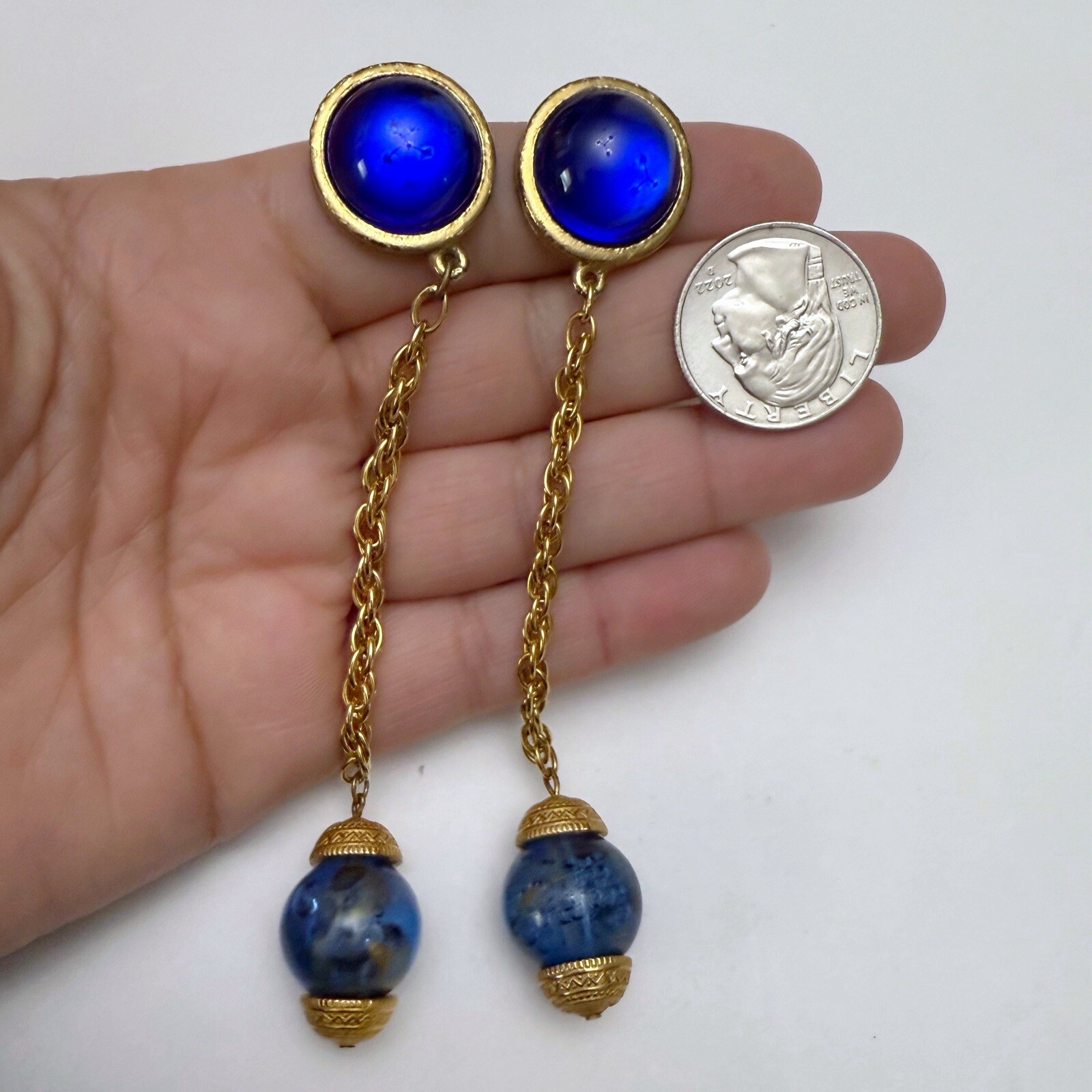 Vintage Blue Lucite Cabochon Bead Long Chain Dangle Linear Goldtone Earrings
