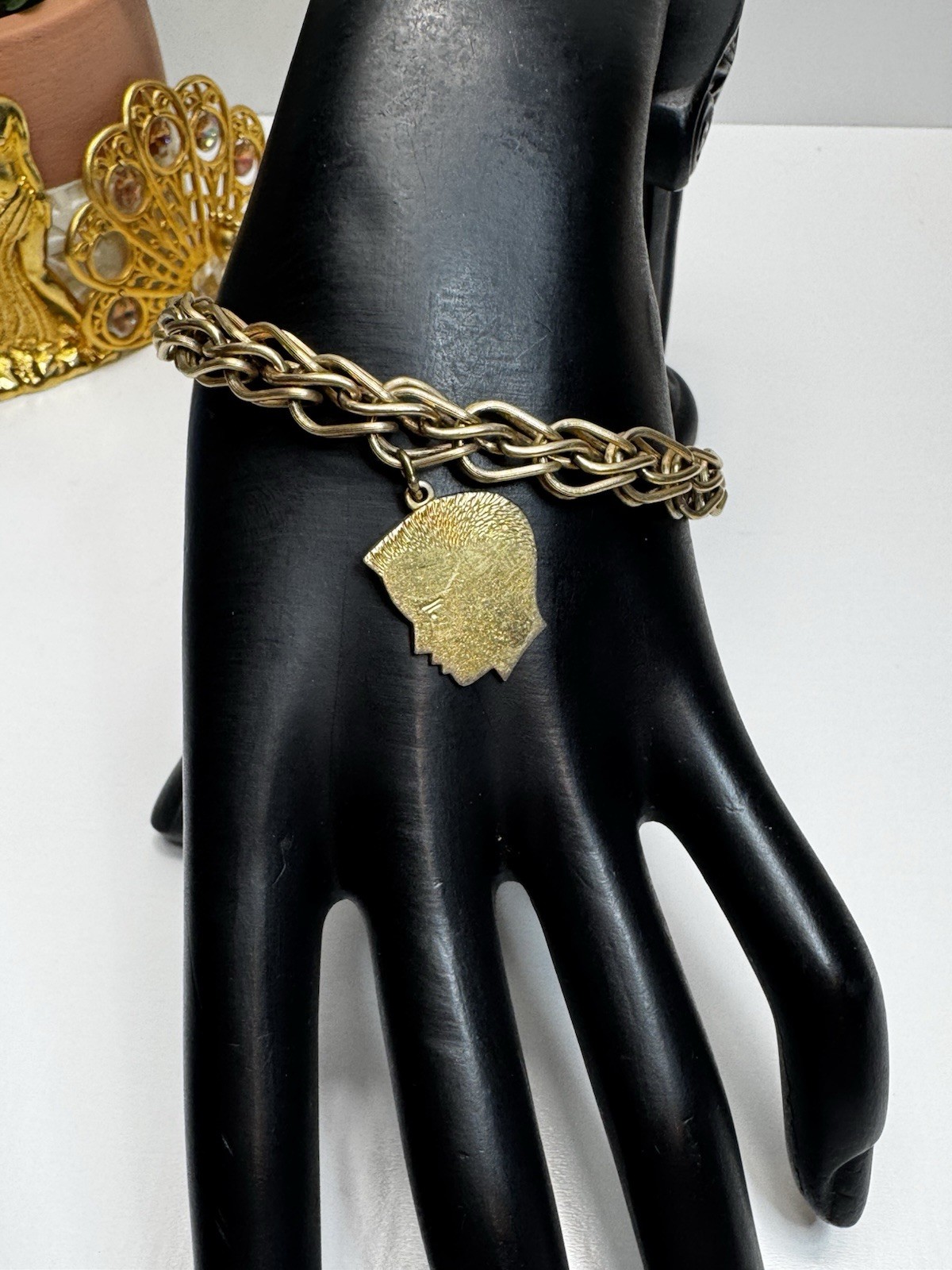 Vintage 12K Gold Filled Chain Bracelet Male Profile Charms Unmarked Retro 7” 50s