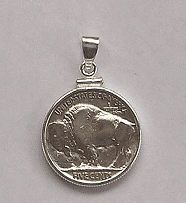 Coin Pendant Vintage Buffalo Nickel .925 Sterling Silver Bezel Soldered Bail USA