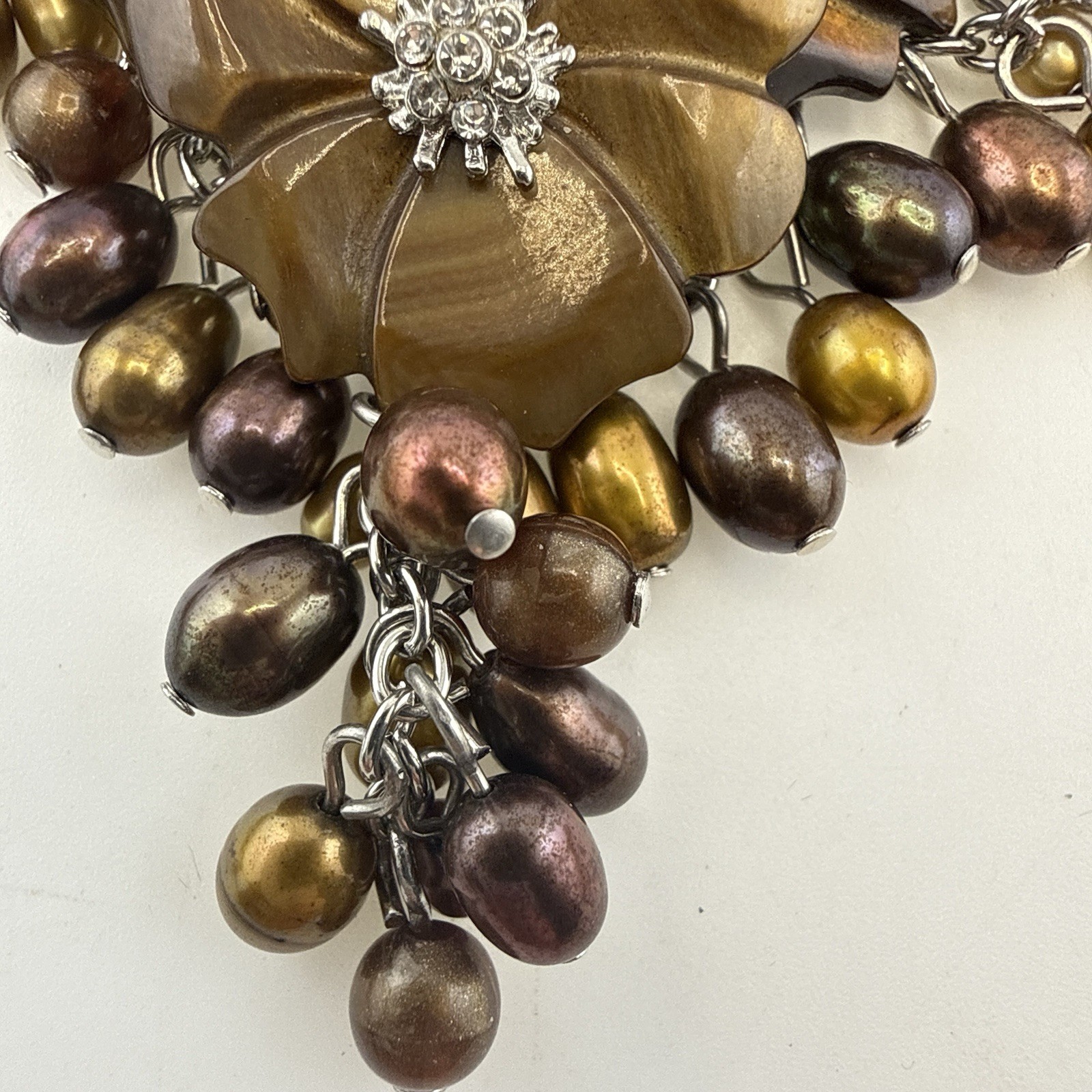 Tigers Eye Pearl Necklace Earrings Set Floral Waterfall Cluster Silver Tone QVC