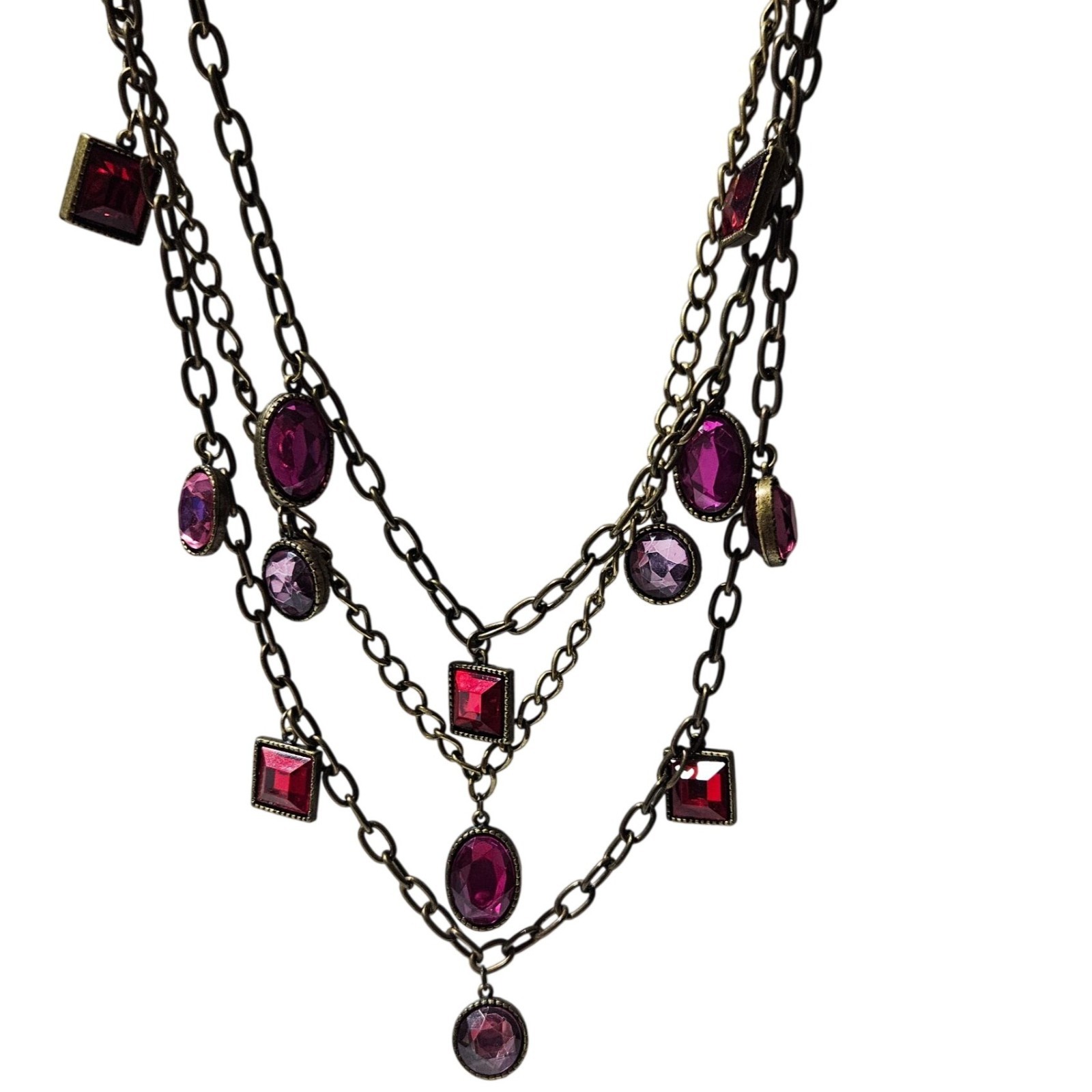 Vintage Multilayered Chain Necklace Red Purple Gems Antique Gold Tone Finish