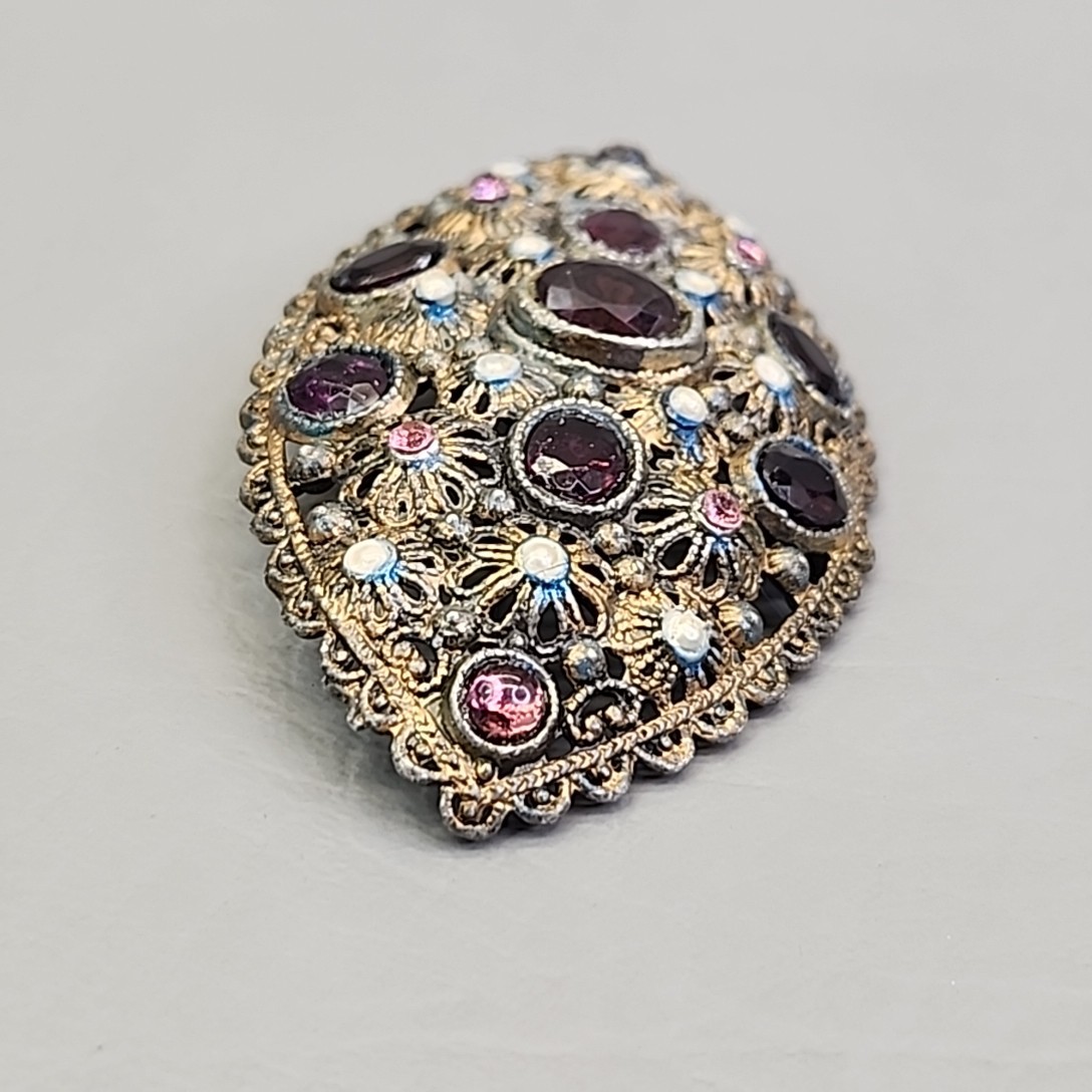 Vintage New England Glassworks Brooch Purple Rhinestones Needs Repair 3″