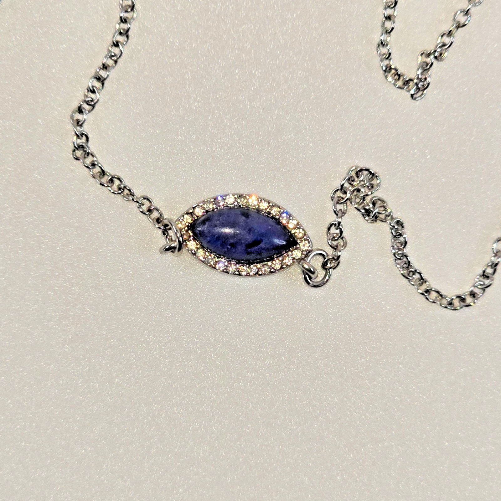 Vntg Blue Iolite Marquise Cabochon Necklace Silver Tone Pavé Rhinestone 18 In