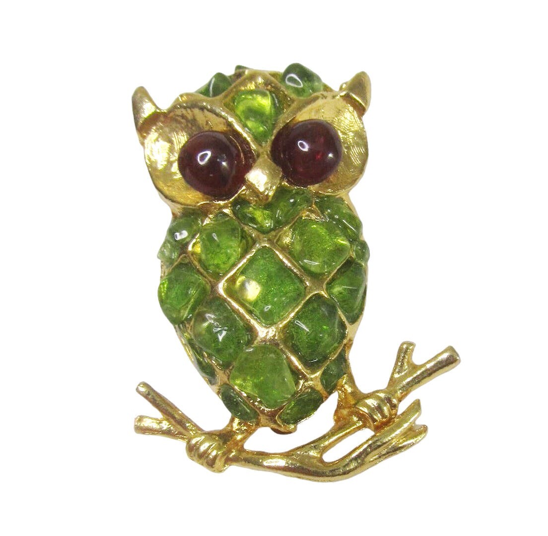 Gold Green Peridot Swoboda Owl Brooch Gold Red Garnet Eyes Signed Bird Pin vtg