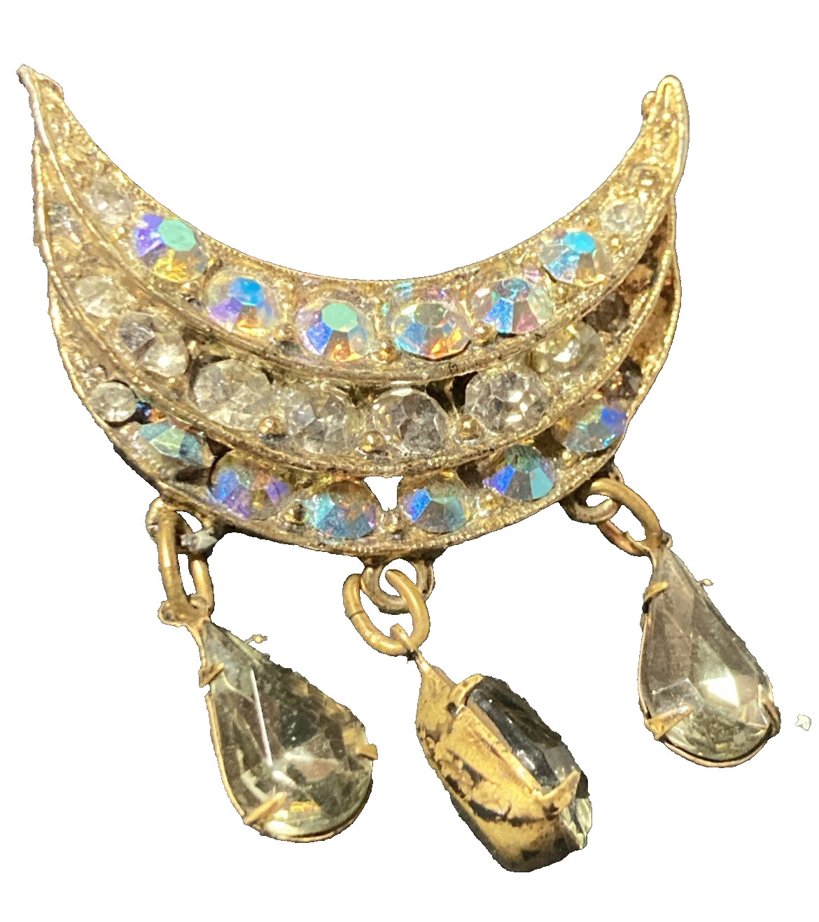 Signed ROYAL Old Blue AB Aurora Borealis Brooch Moon Dangle 1.52×1.79″ RARE OLD