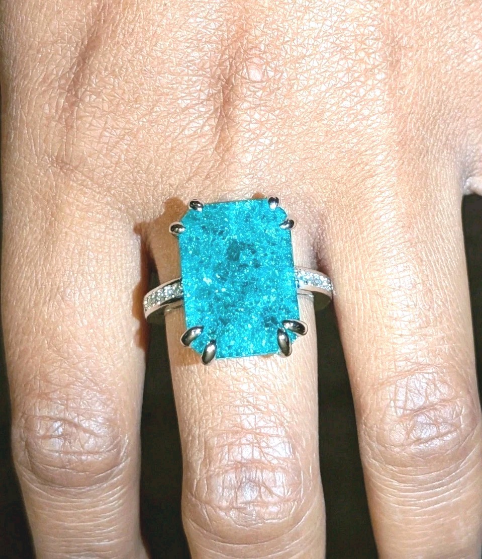Shiny 10 CT Emerald Cut Lab-Created Paraiba Tourmaline Ring 925 Sterling Silver