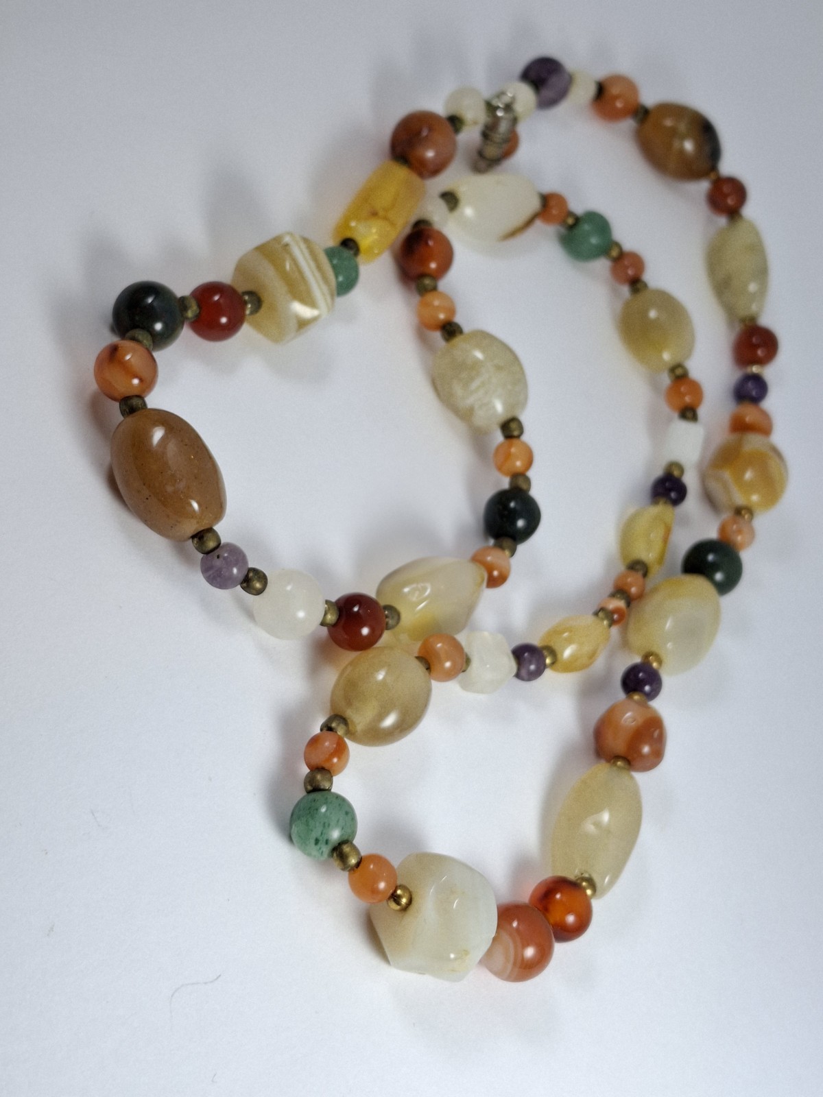 Vintage Necklace Polished Stones Earthtones Mod Boho hippy westerncore brass