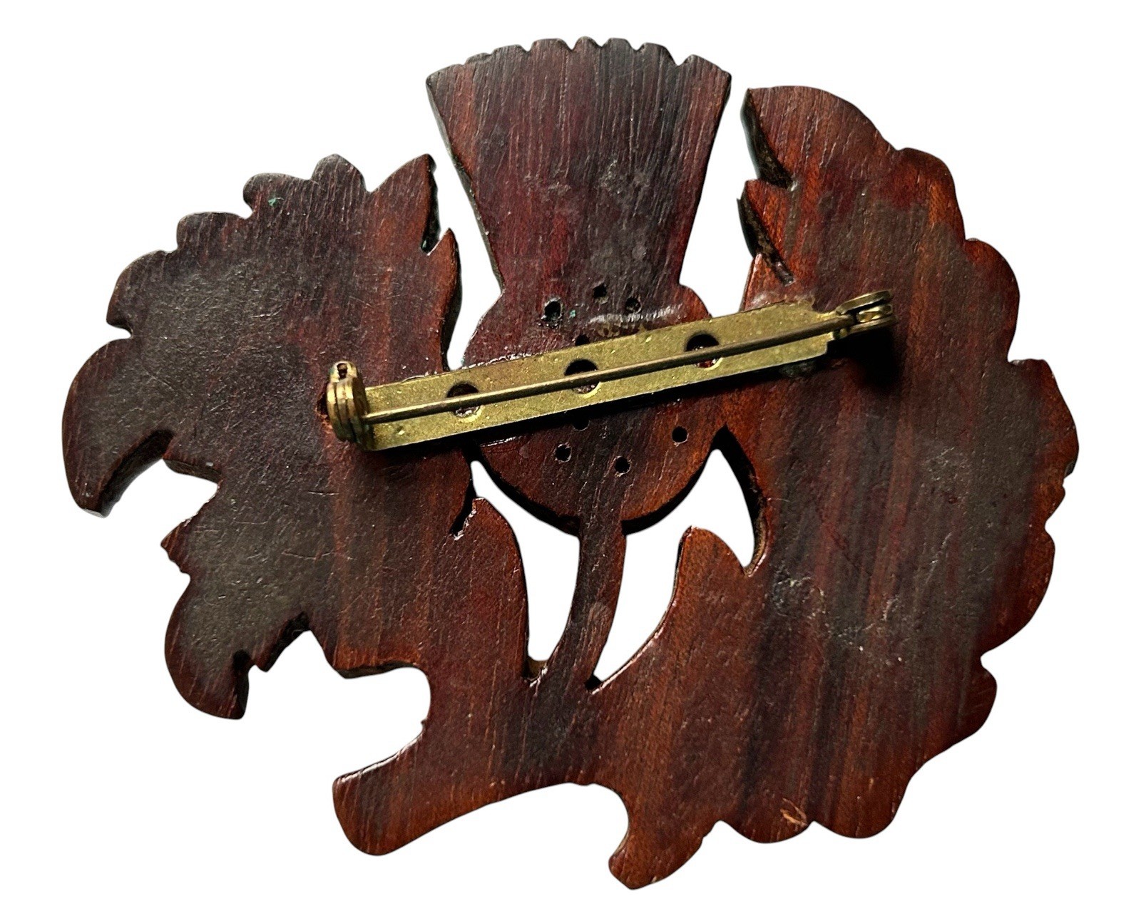 Vintage Hand Carved Wood Brass Scottish Thistle Flower Brooch Botanical Leaves