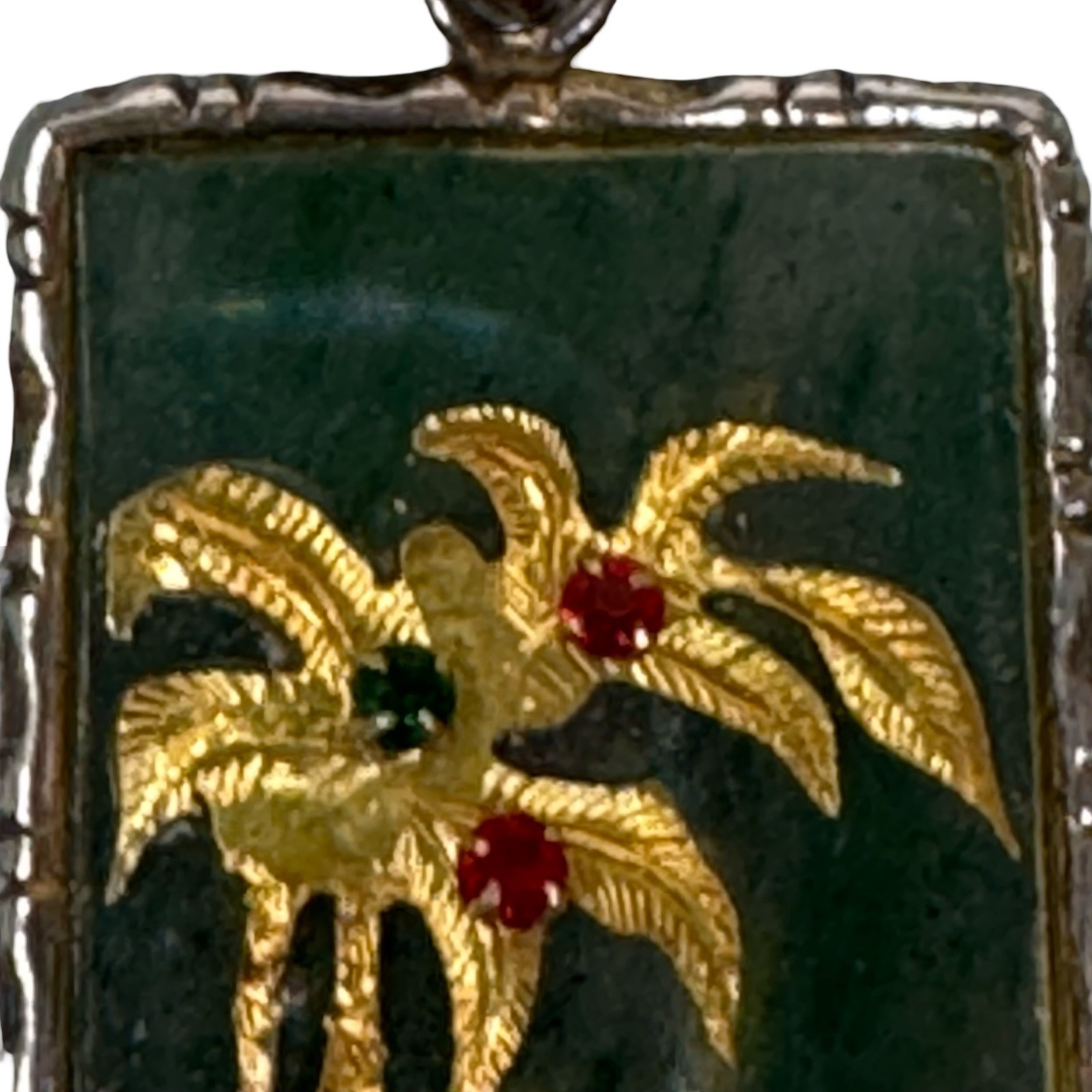 Vintage Asian Jade Pendant Gold Palm Tree & Fisherman Opal Ruby Emerald 1.75″