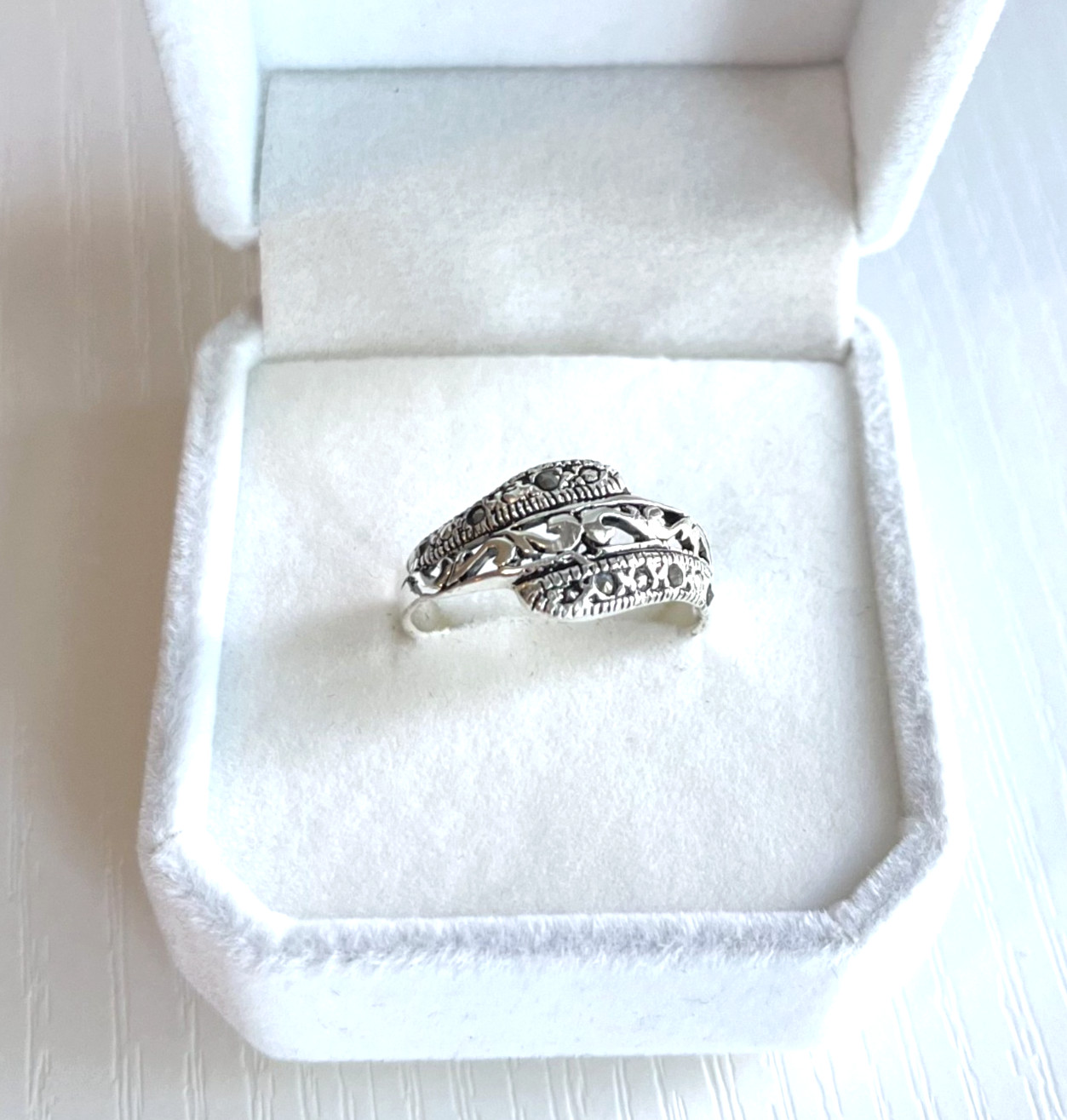 Vintage Sterling Silver Marcasite Bypass Filigree Ring Size 10