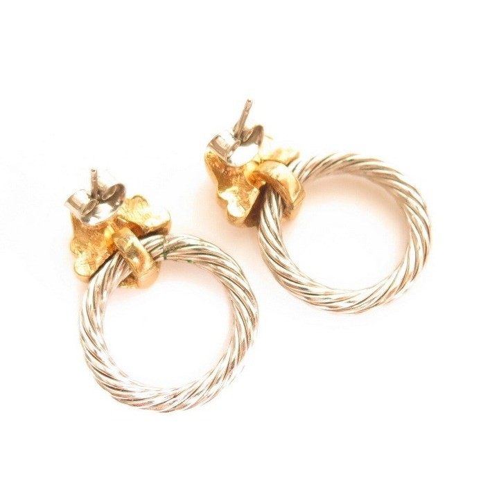 Vintage Two Tone Yellow White Gold Plated Celtic Cable Circle Earrings
