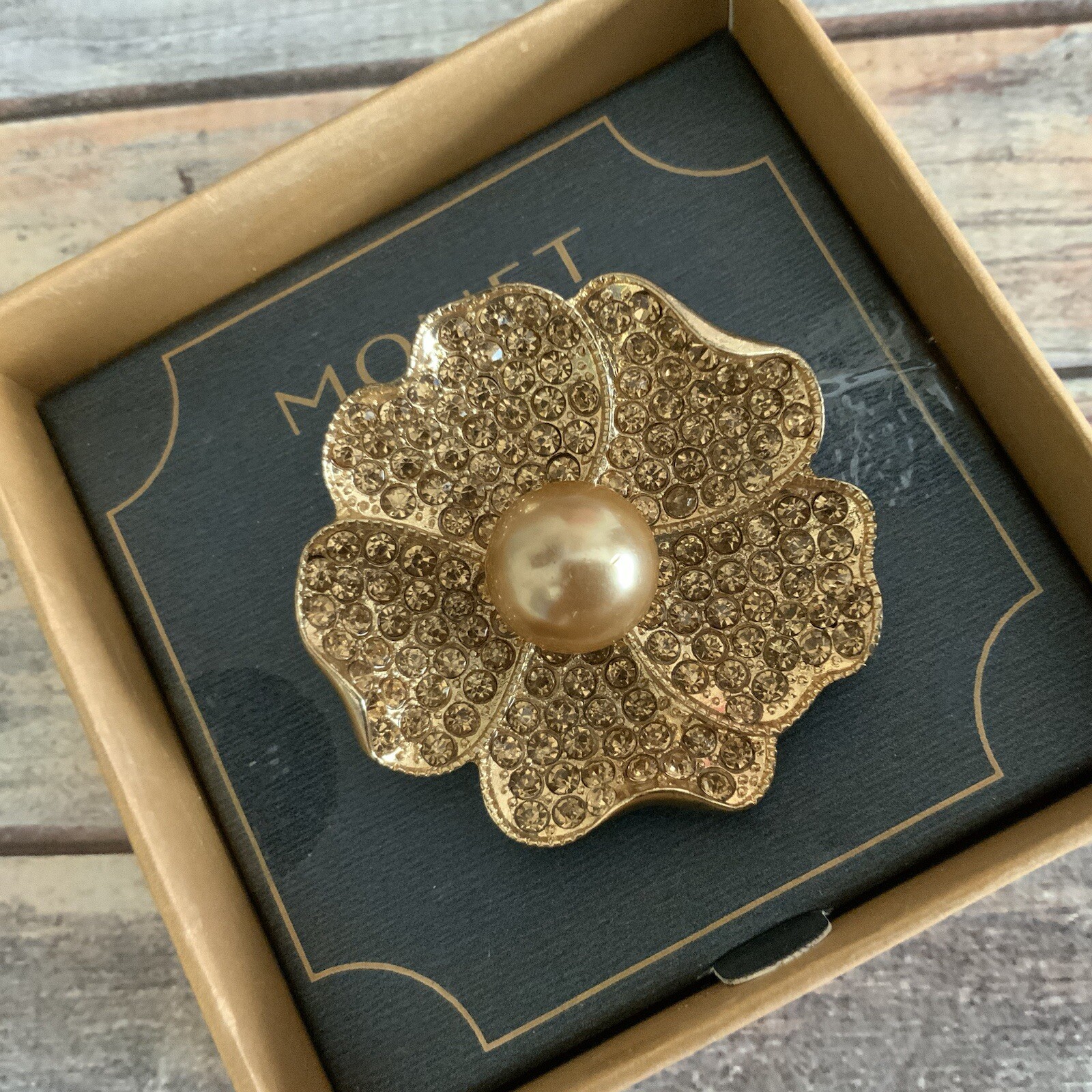 Monet Brown Rhinestone Holiday Poppy Flower Brooch In Gold Tone
