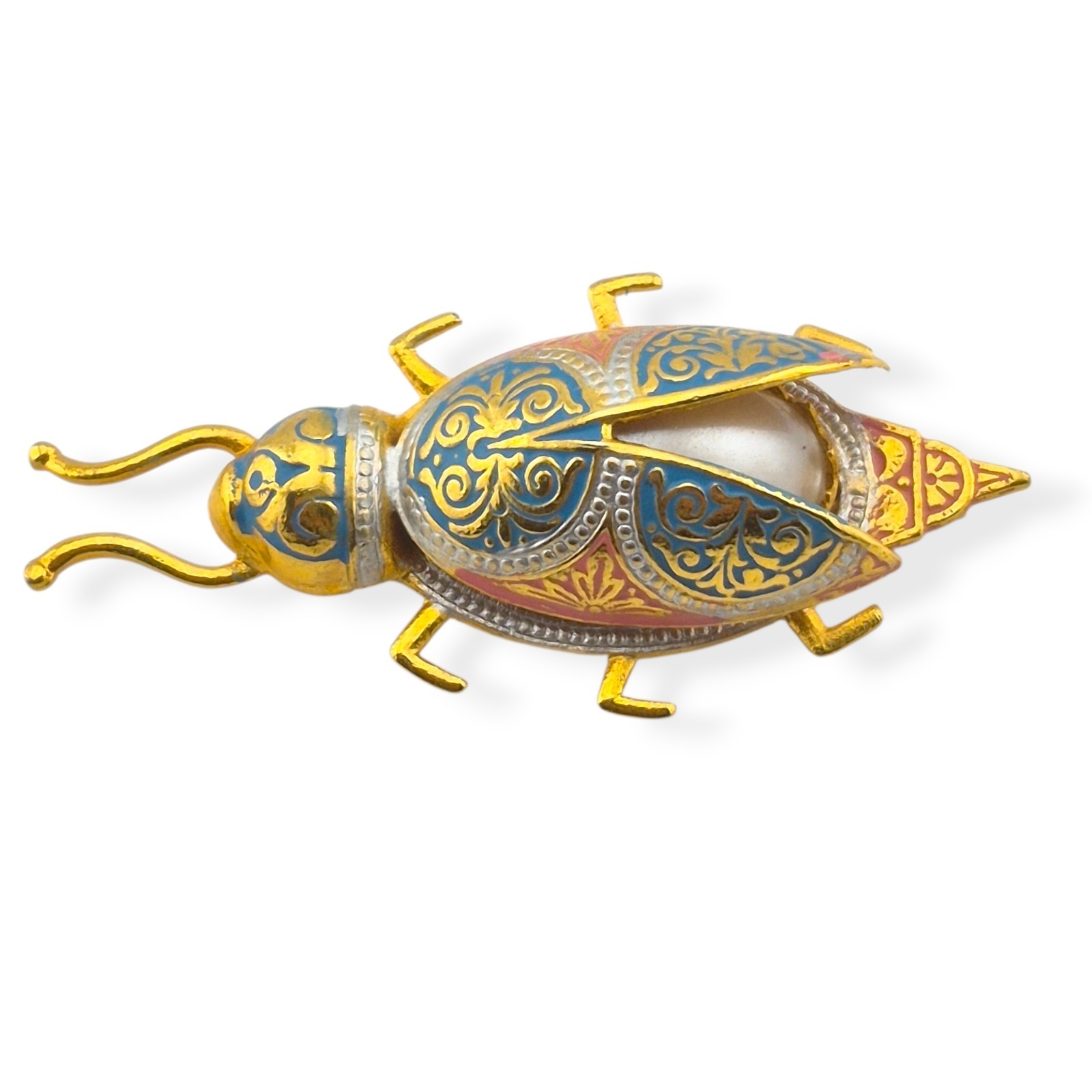Vintage Spanish Damascene Beetle Bug Brooch Pin Fixed Wings Faux Pearl Spain
