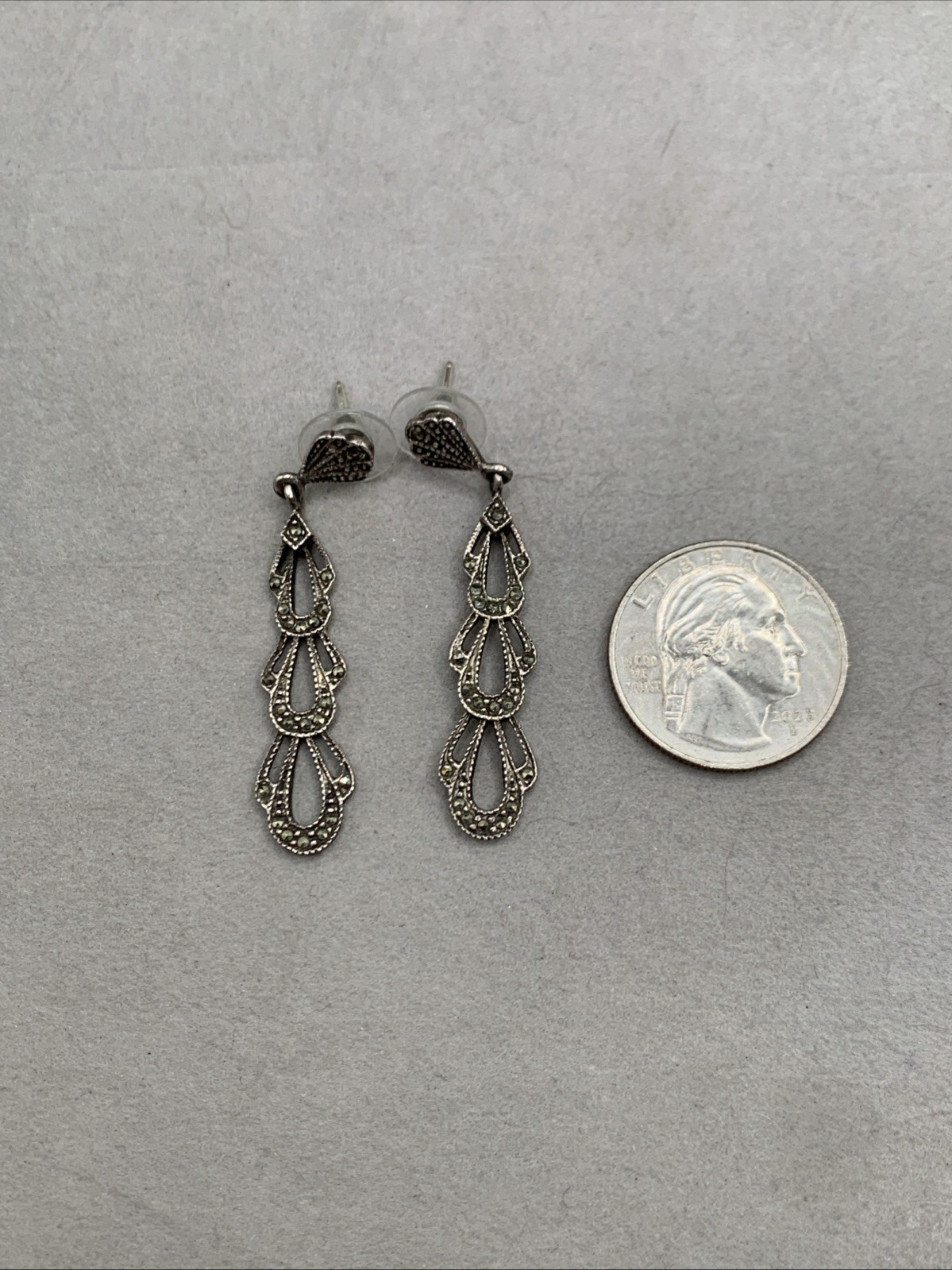 Vintage Sterling Silver Marcasite Filigree Dangle Drop Post Earrings