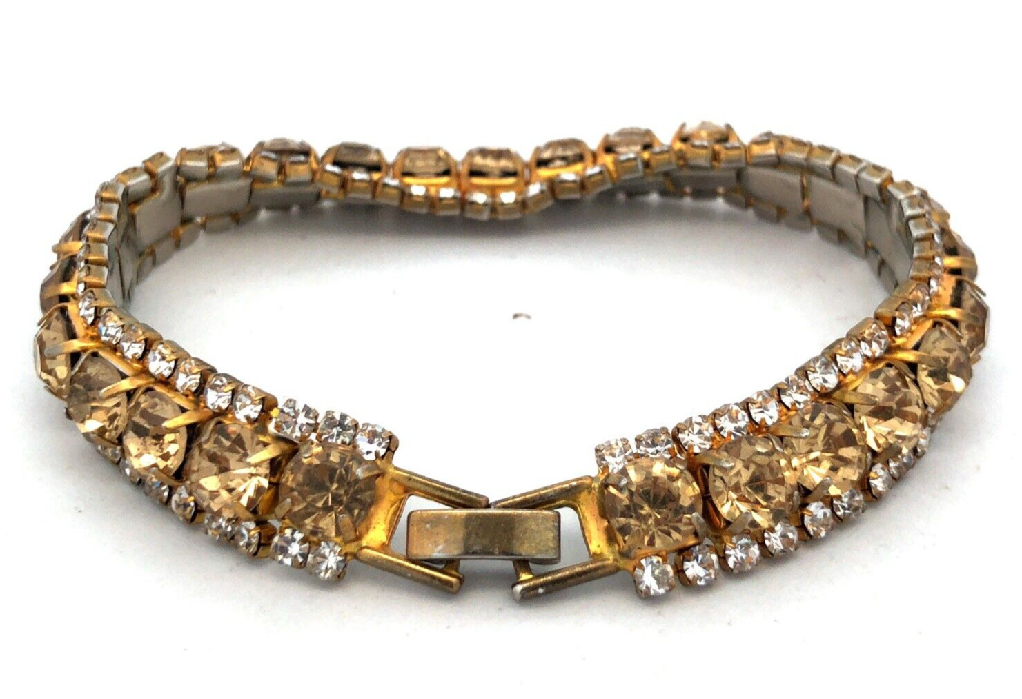 Vintage Gold Tone Champagne White Rhinestone Statement Tennis Bracelet