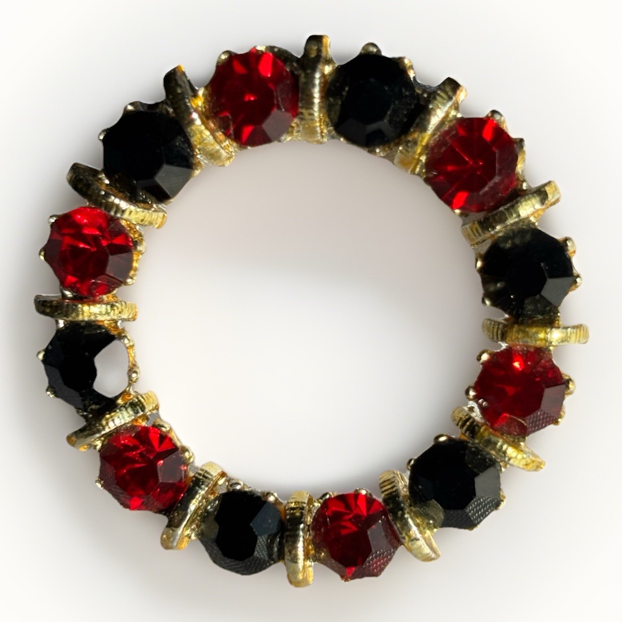 Vtg Austrian Brooch Red & Black Faceted Crystal Stones Sparking Bejeweled 1.25”