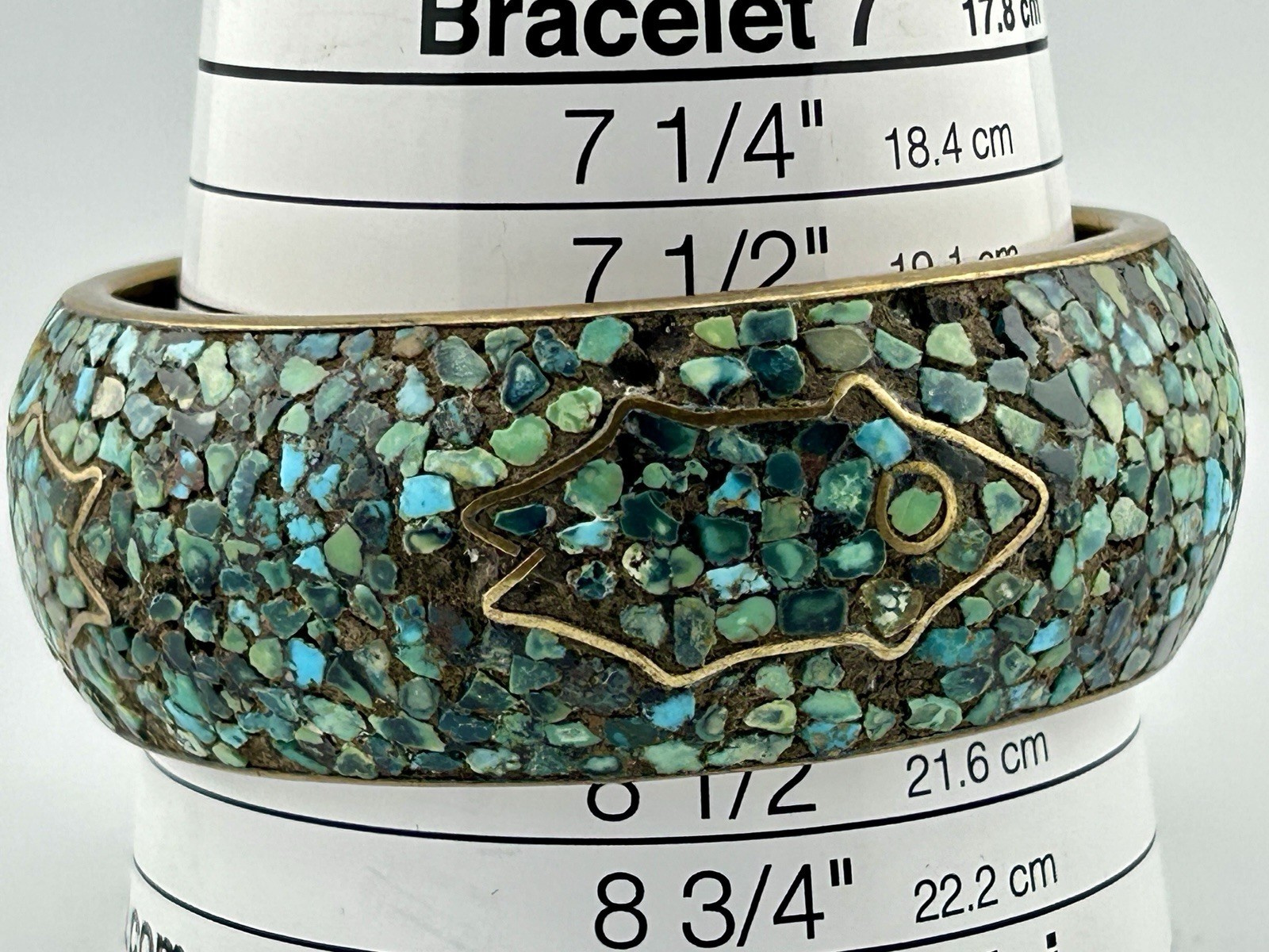 WIDE Brass Turquoise Chip‑Inlay Bangle Bracelet India 1960s VTG 1⅛″ tall