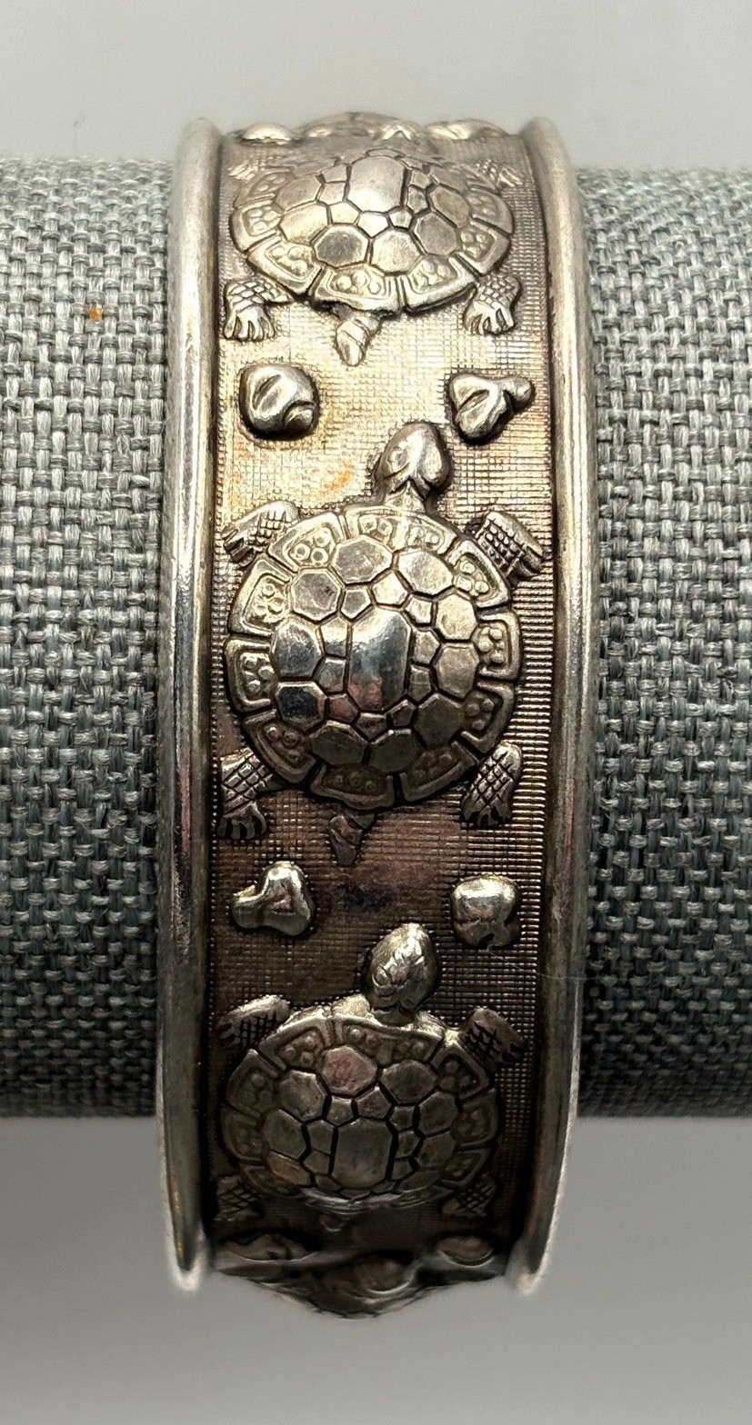 Vintage Sea Turtle Boho Cuff Bracelet Ethnic Silver Tone Bangle 7.25”